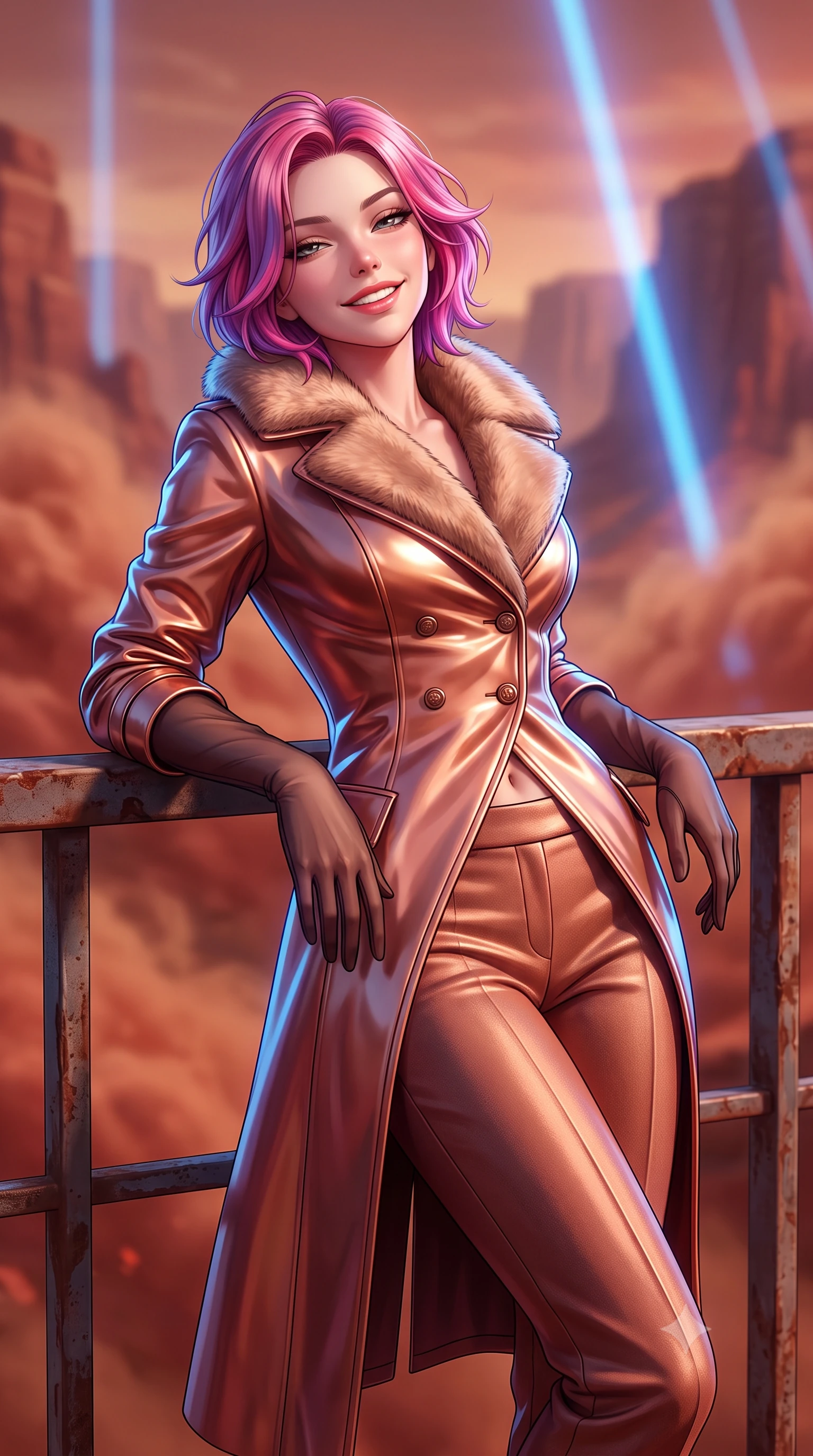 score_9, masterpiece, best quality, ultra-detailed, high-budget anime keyframe, semi-realistic 3D game render, editorial fashion photography, tasteful artistic composition, Caucasian woman. close-up cowboy shot from the waist and thighs up, the character dominates the composition, filling the frame with her large presence. leaning back against the balustrade with relaxed seductive grace, head tilted back slightly while casting a hypnotic, heavy-lidded gaze while twisting her slender torso in an alluring contrapposto stance, terracotta sunset light and blue laser beams tracing her narrow waist and curvy hips. The background shows a soft-focus swirling red and ochre Martian dust clouds, towering canyon cliff strata, and giant blue atmospheric laser beams blurred into terracotta, crimson, and cobalt bokeh. She has an exceptionally elegant, slender, and willowy female figure with an ultra-slim waist, flat toned midriff, narrow ribcage, and sculpted feminine hips creating an alluring, slim hourglass silhouette without bulk. sharp v-shaped jawline, high-bridge nose, intricate jewel-like sparkling eyes with depth, thick eyelashes, glossy parted lips with a natural peach sheen, bright cheerful beaming smile with an enchanting and coquettish sensual glint, exuding both youthful cute charm and seductive allure, flawlessly proportioned anatomical accuracy, strict slender model proportions, natural body alignment, perfectly sculpted long slender limbs, ultra-slim waistline, clean dynamic posture without body distortion. wearing a futuristic double-breasted arctic combat officer greatcoat with thermal fur-lined collar and tailored wool trousers in high-gloss rose-gold and burnished copper, crafted from bespoke double-faced cashmere with an exceptionally soft tactile finish, complemented by sheer opera-length evening gloves tracing her slender arms, the impeccably tailored cut draping gracefully along her slender figure with aristocratic poise. illuminated by red sand reflection bounce and sharp cobalt-blue laser rim lights sculpting her jawline, narrow waist, and curvy hips. highly saturated vibrant anime colors, detailed shading with soft gradients, rich glossy textures, high-contrast stereoscopic depth, volumetric dynamic lighting, master piece, 9:16 ratio