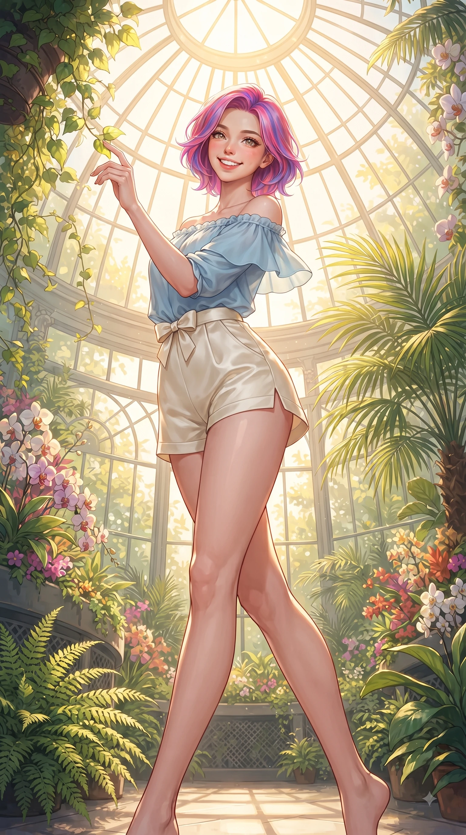 score_9, masterpiece, best quality, ultra-detailed, high-budget anime keyframe, editorial fashion photography, tasteful artistic composition, Caucasian woman. low angle full-body shot from head to toe showing her feet, filling the entire 9:16 vertical frame with her statuesque presence, stretching her vertical silhouette. performing a cheerful mid-motion turn with flawless poise, her radiant smile capturing fresh girlhood energy while reaching out playfully to touch a sun-lit green leaf while smiling with sparkling eyes into the lens. The surrounding environment is rendered in vivid detail and crisp panoramic clarity. intricate glasshouse dome architecture, cascading tropical vines, and vibrant botanical garden displays in deep focus. She has an absolutely perfect, statuesque 8.5-heads proportion, an exceptionally tall and slender model-like female figure with impossibly long slender legs and an ultra-slim waist. sharp v-shaped jawline, high-bridge nose, intricate jewel-like eyes with depth, thick eyelashes, glossy lips with a natural sheen, flawlessly proportioned anatomical accuracy, natural body alignment, perfectly sculpted elegant limbs, clean dynamic posture without body distortion. wearing a light blue off-shoulder chiffon blouse paired with tailored ivory shorts in baby blue and cloud white, crafted from smooth fluid silk satin, accented with a dainty waist ribbon bow, the tailored casual silhouette highlighting her fresh and youthful presence. bathed in bright golden sunlight filtering through conservatory glass panes. ultra-reflective glossy finish, specular highlights, metallic sheen, high-contrast stereoscopic depth, volumetric dynamic lighting, 2k, ultra detail, master piece, 9:16 ratio