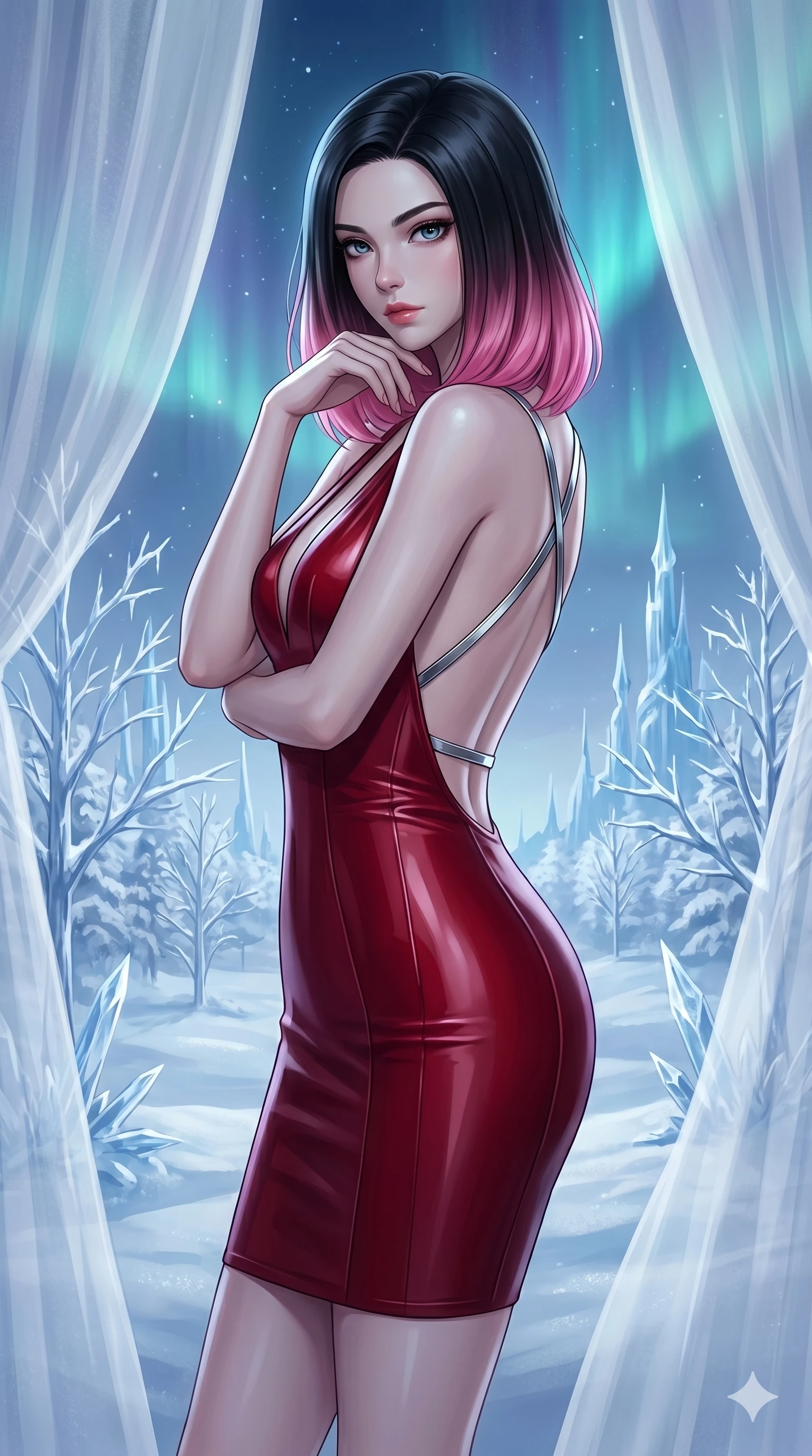 score_9, masterpiece, best quality, ultra-detailed, high-budget anime keyframe, editorial fashion photography, tasteful artistic composition, Korean woman. cowboy shot from the thighs up, character and outfit filling the frame for maximum editorial presence. Resting her chin on the backs of her fingers in a confident pose within a dreamlike floating winter kingdom with frozen crystal trees and aurora skies. She has an absolutely perfect 8-heads proportion, an exceptionally tall and slender female figure with impossibly long slender legs and an ultra-slim waist. V-shaped jawline, high-bridge nose, intricate jewel-like eyes with depth, thick eyelashes, glossy lips with a natural sheen. wearing a structured deep-cherry-red fashion-latex fitted dress with a clean architectural front and a dramatic open-back design with a single criss-cross strap in chrome across the open-back design. bathed in cold silver moonlight filtered through translucent gossamer curtains casting soft shadows on her elegant contours. 2k, ultra detail, master piece, 9:16 ratio