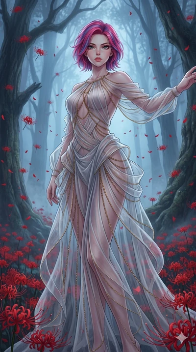 score_9, masterpiece, best quality, ultra-detailed, High-budget Anime Keyframe, East Asian woman. Low angle cowboy shot filling the entire 9:16 frame with her statuesque presence. Scenario 185: Dancing amidst falling red spider lilies in a misty dark