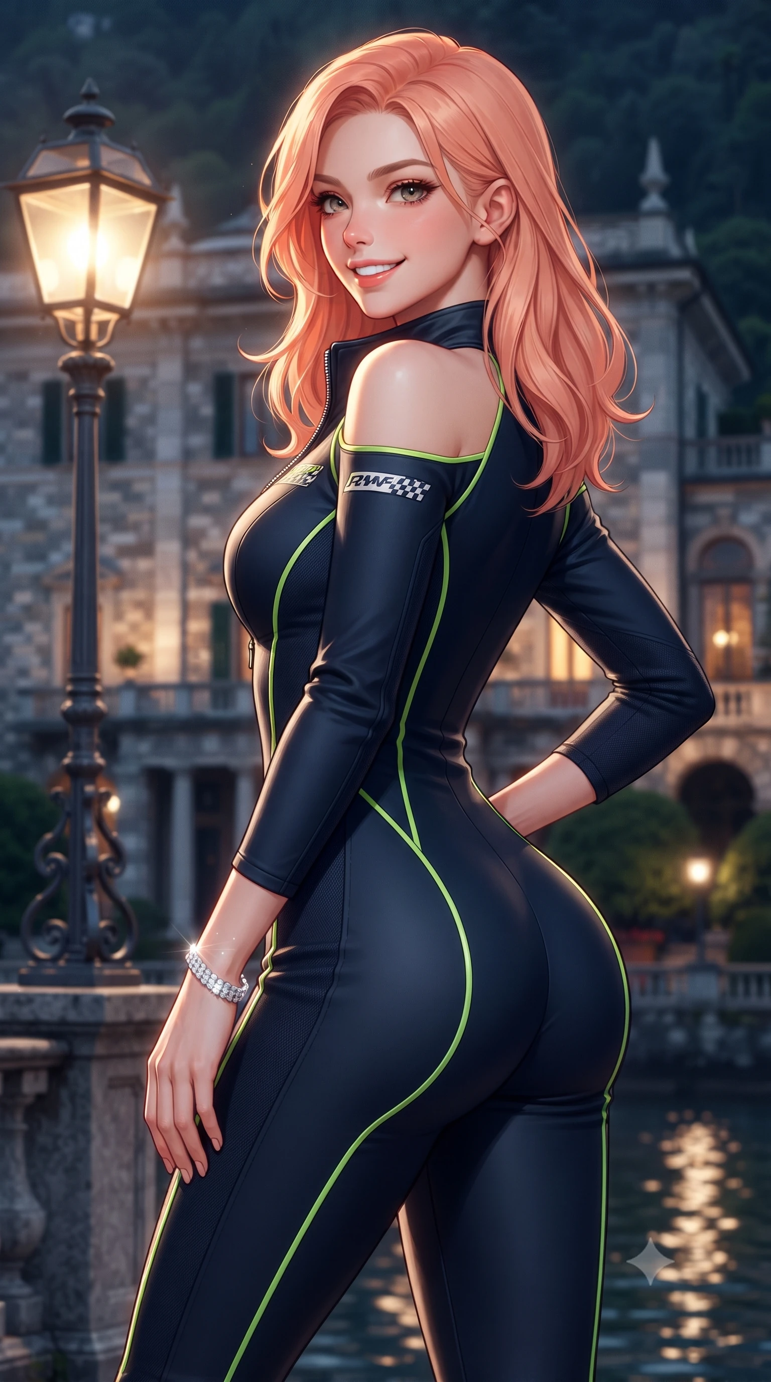 score_9, masterpiece, best quality, ultra-detailed, high-budget anime keyframe, editorial fashion photography, tasteful artistic composition, Japanese woman. close-up cowboy shot from the waist and thighs up, the character dominates the composition, filling the frame with her large presence. posing in an alluring rear three-quarter angle, turning over a bare shoulder with an intoxicating gaze, her hips cocked back to highlight her slim hourglass curve against the paddock lights while twisting her slender torso in an alluring contrapposto stance, alpine evening breezes moulding her tennis dress to her narrow waist and curvy hips. The surrounding environment is rendered in vivid detail and crisp panoramic clarity: detailed tennis knit fabric texture, diamond tennis bracelet sparkle, and historic Villa d'Este stonecraft in high resolution. She has an exceptionally elegant, slender, and willowy female figure with an ultra-slim waist, flat toned midriff, narrow ribcage, and sculpted feminine hips creating an alluring, slim hourglass silhouette without bulk. sharp v-shaped jawline, high-bridge nose, sparkling eyes with athletic focus and depth, thick curled eyelashes, glossy parted lips with a natural coral-peach sheen, bright confident and coquettish smile with alluring bedroom-eyes, exuding both youthful sporty vigor and sovereign high-society glamour, flawlessly proportioned anatomical accuracy, strict slender model proportions, natural body alignment, perfectly sculpted long slender limbs, ultra-slim waistline, clean dynamic posture without body distortion. wearing a modern paddock jumpsuit with zip-down front collar and high-cut leg openings in sleek stretch jersey in deep midnight carbon and luminous lime green piping, made of smooth liquid-tight stretch jersey emphasizing every curve of her body, finished with contrasting racing stripe tape and subtle checkered flag embroidery, the glove-like aerodynamic silhouette tightly following the natural contour of her hips and long slender legs with youthful 8.5-heads elegance. illuminated by lake water specular bounce and sharp warm-gold rim lights defining her sculpted collarbones, ultra-slim waist, and curvy hips. ultra-reflective glossy finish, specular highlights, rich textural contrasts, high-contrast stereoscopic depth, volumetric dynamic lighting, 2k, ultra detail, master piece, 9:16 ratio