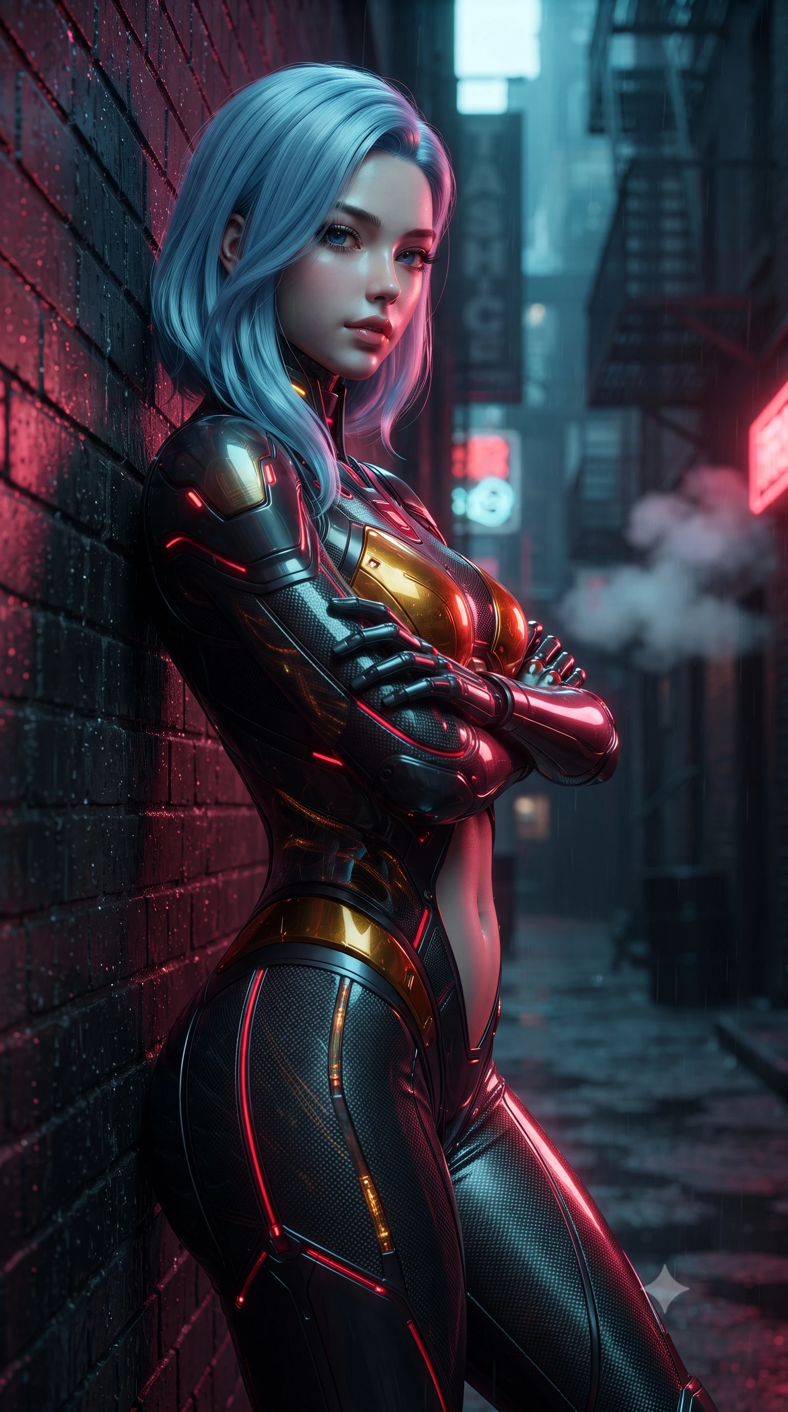 score_9, masterpiece, best quality, ultra-detailed, high-budget anime keyframe, editorial fashion photography, tasteful artistic composition, Korean woman. close-up cowboy shot from the waist and thighs up, the character dominates the composition, filling the frame with her large presence. resting one hand in a defensive deflective posture while glancing over her shoulder with thick eyelashes and a confident, smoldering combat half-smile while leaning against a rain-streaked brick wall with arms crossed loosely, casting a smoldering, haughty gaze into the lens. The composition keeps background elements in soft focus with creamy bokeh. dark alleyway fire escapes and rising steam plumes softened in moody shallow focus. She has an exceptionally elegant, slender, and willowy female figure with an ultra-slim waist, a gracefully sculpted slender torso, toned flat midriff, and a refined slim silhouette. sharp v-shaped jawline, high-bridge nose, intricate jewel-like eyes with depth, thick eyelashes, glossy lips with a natural sheen, flawlessly proportioned anatomical accuracy, strict slender model proportions, natural body alignment, perfectly sculpted long slender limbs, ultra-slim waistline, clean dynamic posture without body distortion. wearing a second-skin dark gunmetal carbon-weave battle-suit with crimson laser conduits and high-frequency knuckle strike plates in molten amber-gold carbon cuirass with dark titanium weave, crafted from semi-translucent cybernetic carbon-vinyl interwoven with glowing micro-filaments, featuring a sleek aerodynamic collar framed by subtle glowing cybernetic status LEDs, the precision-cut daring openings accentuating her delicate midriff, graceful bare collarbones, and ultra-slim feminine waistline. bathed in vivid high-contrast neon crimson and deep cyan ambient rim lighting. ultra-reflective glossy finish, specular highlights, dark metallic sheen, high-contrast stereoscopic depth, volumetric dynamic lighting, 2k, ultra detail, master piece, 9:16 ratio