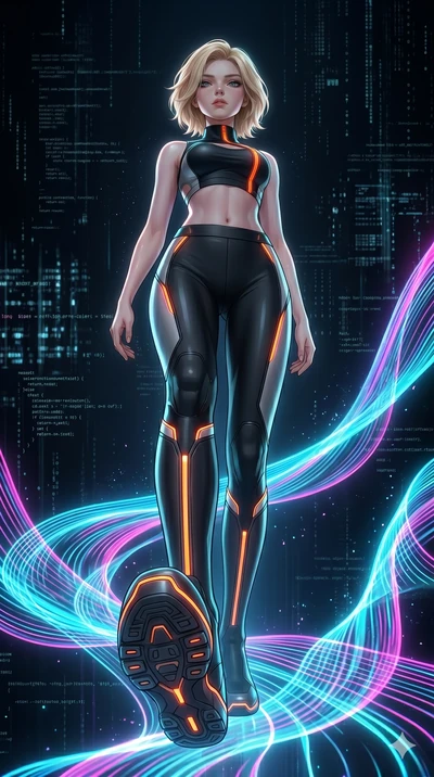 score_9, masterpiece, best quality, ultra-detailed, high-budget anime keyframe, Korean woman. low angle full-body shot filling the entire 9:16 frame with her statuesque presence, stretching the vertical silhouette. stepping on holographic fluid ribbo
