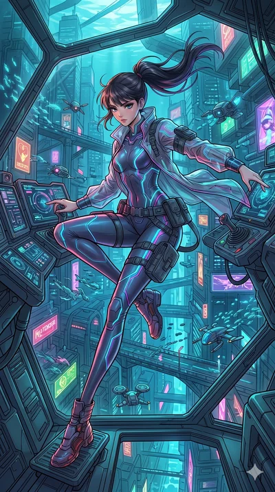 score_9, masterpiece, best quality, ultra-detailed, high-budget anime movie keyframe, cinematic anime lighting, intricate line art, Caucasian (strictly human ears) woman. Dynamic full-body shot stretching the vertical silhouette with extreme perspect