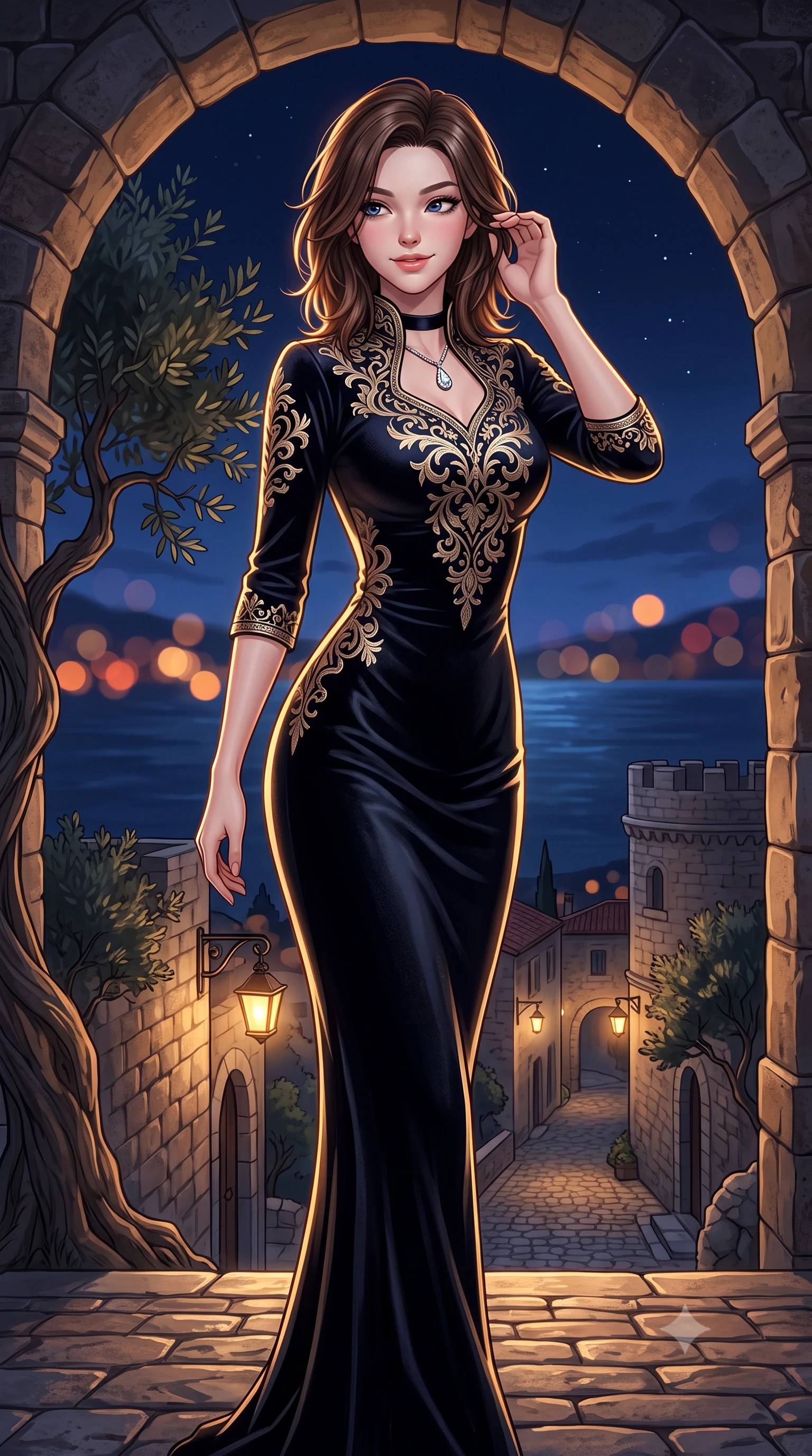 score_9, masterpiece, best quality, ultra-detailed, high-budget anime keyframe, semi-realistic 3D game render, editorial fashion photography, tasteful artistic composition, Korean woman. close-up cowboy shot from the waist and thighs up, the character dominates the composition, filling the frame with her large presence. gently brushing a lock of hair behind her ear while casting a playful, flirtatious side-gaze with long eyelashes while standing poised on the cobblestone rampart walkway beneath centuries-old stone arches, arching her lower back as nocturnal Mediterranean breezes rustle gnarled olive trees. The background shows a soft-focus medieval cobblestone alleyways illuminated by iron gas lanterns, historic stone bastions, and distant Mediterranean sea horizon blurred into amber, terracotta, and indigo bokeh. She has an exceptionally elegant, slender, and willowy female figure with an ultra-slim waist, flat toned midriff, narrow ribcage, and sculpted feminine hips creating an alluring, slim hourglass silhouette without bulk. sharp v-shaped jawline, high-bridge nose, intricate jewel-like sparkling eyes with depth, thick eyelashes, glossy parted lips with a natural peach sheen, bright cheerful beaming smile with an enchanting and coquettish sensual glint, exuding both youthful cute charm and seductive allure, flawlessly proportioned anatomical accuracy, strict slender model proportions, natural body alignment, perfectly sculpted long slender limbs, ultra-slim waistline, clean dynamic posture without body distortion. wearing a refined high-collar French jacquard brocade shift dress with bracelet sleeves in deep midnight obsidian black and champagne gold, tailored from ultra-plush silk velvet with rich tactile depth and deep shadow gradients, finished with a thin velvet ribbon choker and a single teardrop diamond pendant, the impeccably tailored cut draping gracefully along her slender figure with aristocratic poise. illuminated by stone ground reflection fill and sharp flame-gold rim lights defining her razor-sharp jawline, narrow waist, and curvy hips. highly saturated vibrant anime colors, detailed shading with soft gradients, rich glossy textures, high-contrast stereoscopic depth, volumetric dynamic lighting, master piece, 9:16 ratio