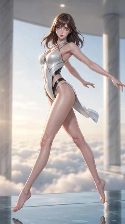 score_9, masterpiece, best quality, ultra-detailed, high-budget anime keyframe, editorial fashion photography, tasteful artistic composition, Korean woman. low angle full-body shot from head to toe showing her feet, filling the entire 9:16 vertical f