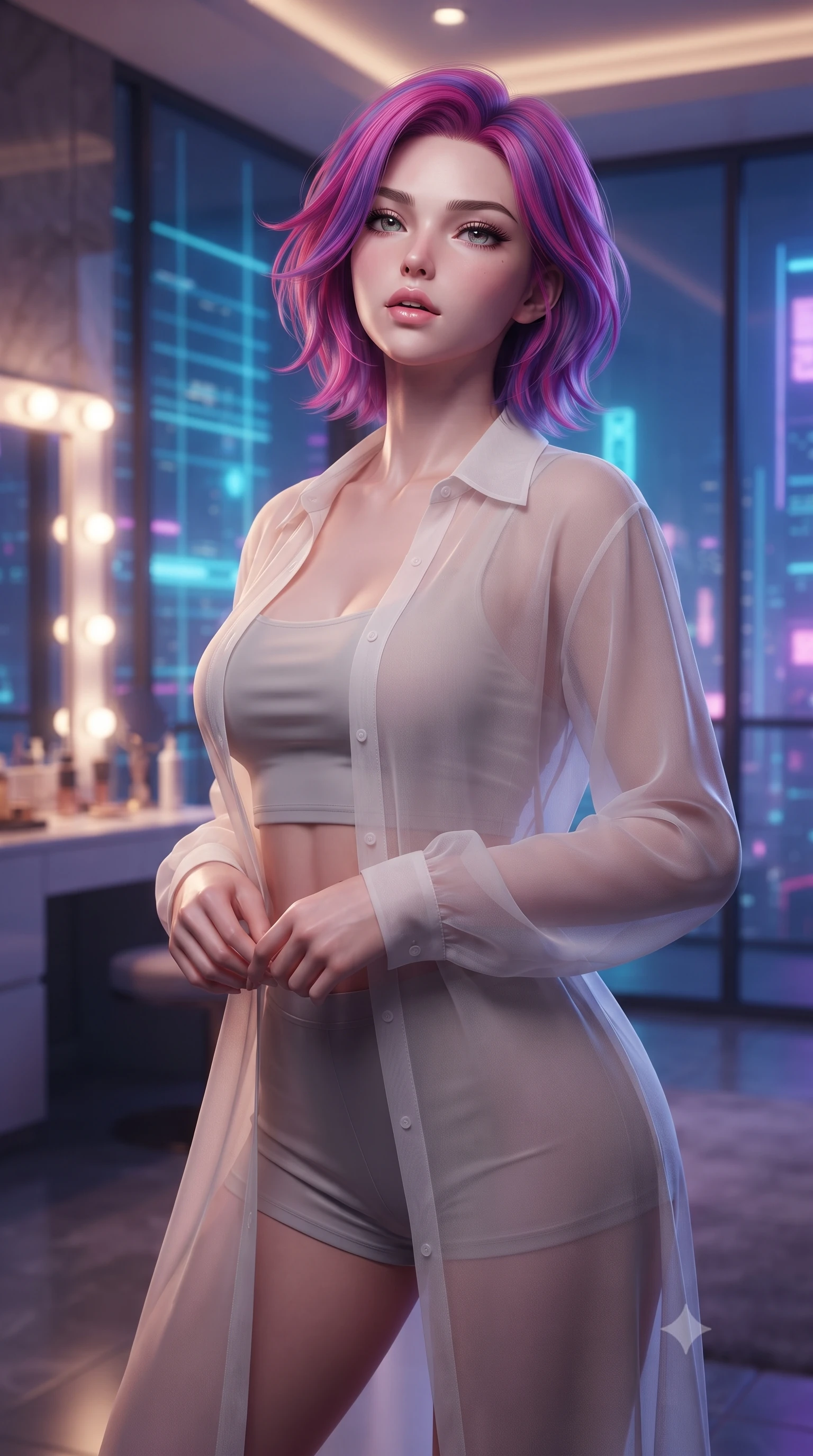 score_9, masterpiece, best quality, ultra-detailed, high-budget anime keyframe, editorial fashion photography, tasteful artistic composition, Caucasian woman. close-up cowboy shot from the waist and thighs up, the character dominates the composition, filling the frame with her large presence, background elements kept in soft focus. tilting her chin up slightly with lips parted in a composed, provocative expression the background shows a soft-focus a private penthouse dressing suite with floor-to-ceiling glass looking over neon towers. She has an exceptionally elegant, slender, and willowy female figure with an ultra-slim waist, a gracefully sculpted slender torso, and a refined silhouette. sharp v-shaped jawline, high-bridge nose, intricate jewel-like eyes with depth, thick eyelashes, glossy lips with a natural sheen. wearing a form-contouring lightweight chiffon cover-up shirt worn open over a crop top and high-cut shorts. warm interior vanity light contrasting with the neon blue city grid outside. ultra-reflective glossy finish, specular highlights, metallic sheen, high-contrast stereoscopic depth, volumetric dynamic lighting, 2k, ultra detail, master piece, 9:16 ratio