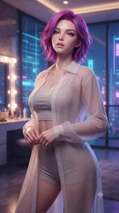 score_9, masterpiece, best quality, ultra-detailed, high-budget anime keyframe, editorial fashion photography, tasteful artistic composition, Caucasian woman. close-up cowboy shot from the waist and thighs up, the character dominates the composition,
