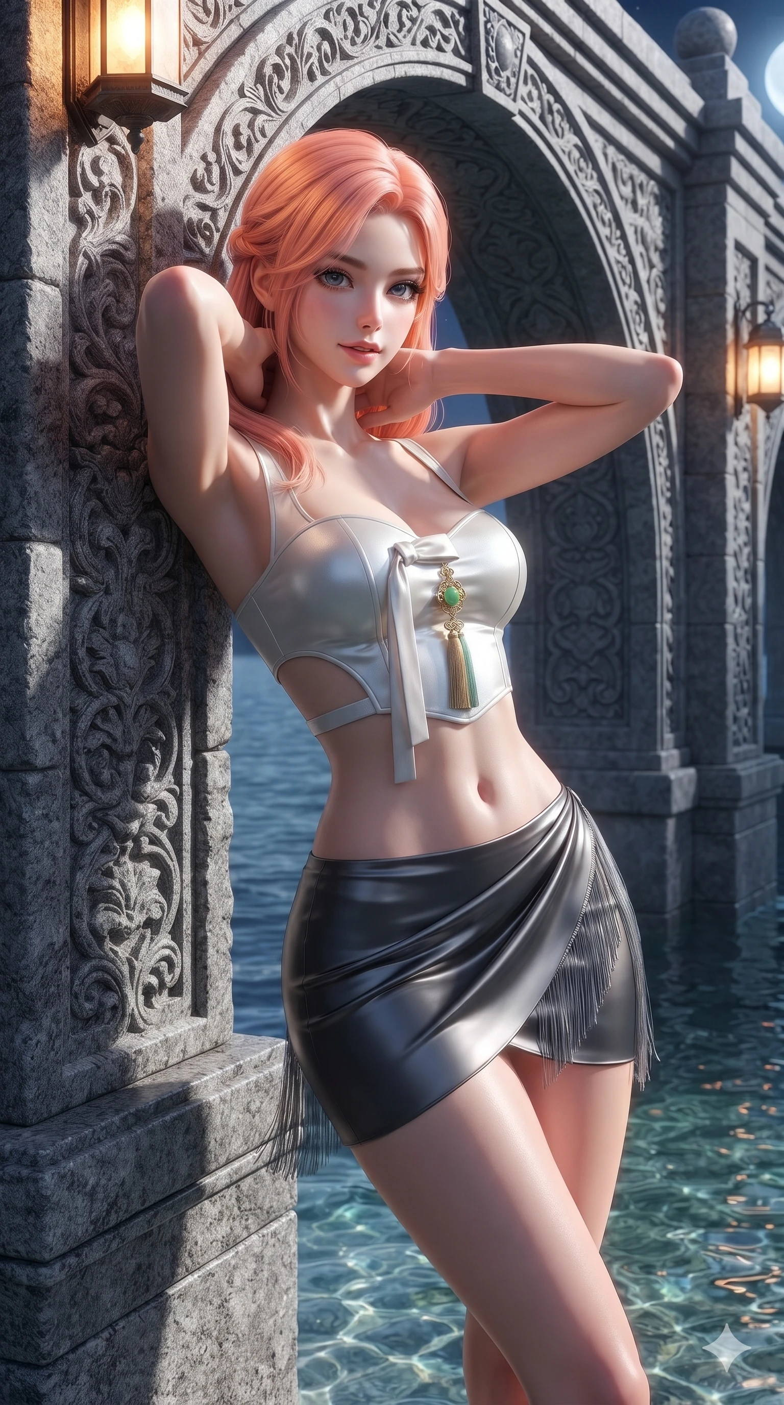 score_9, masterpiece, best quality, ultra-detailed, high-budget anime keyframe, editorial fashion photography, tasteful artistic composition, Japanese woman. close-up cowboy shot from the waist and thighs up, the character dominates the composition, filling the frame with her large presence. resting both hands lightly behind her neck with elbows raised, arching her spine to highlight her narrow waist, flat midriff, and breathtaking collarbones while leaning against the carved stone water arch with hips cocked back, looking through thick curled eyelashes with an enchanting, dangerous smile. The surrounding environment is rendered in vivid detail and crisp panoramic clarity: sharp dressed stone pier masonry, carved granite arch relief work, and water surface ripple clarity in deep focus. She has an exceptionally elegant, slender, and willowy female figure with an ultra-slim waist, flat toned midriff, narrow ribcage, and sculpted feminine hips creating an alluring, slim hourglass silhouette without bulk. sharp v-shaped jawline, high-bridge nose, sparkling eyes with hypnotic seductive depth, thick curled eyelashes, glossy parted lips with a natural dewy peach sheen, alluring bedroom-eyes with an enchanting coquettish smile, exuding magnetic siren charisma and sophisticated glamour, flawlessly proportioned anatomical accuracy, strict slender model proportions, natural body alignment, perfectly sculpted long slender limbs, ultra-slim waistline, clean dynamic posture without body distortion. wearing a modern boned hanbok bustier top with norigae tassel paired with an ultra-short micro-pleated silk wrap mini skirt in celestial pearl white and moonlight platinum, made of liquid dark mercury jersey with seamless sculpting hold and fluid drape, finished with delicate silk fringe trim fluttering along her hip line with kinetic charm, the precision-cut side openings and low-back scoop framing her graceful spine and the sensual sweep of her slim, toned hips. bathed in celestial full-moon light contrasting with warm architectural gate lanterns. ultra-reflective glossy finish, specular highlights, rich textural contrasts, high-contrast stereoscopic depth, volumetric dynamic lighting, 2k, ultra detail, master piece, 9:16 ratio