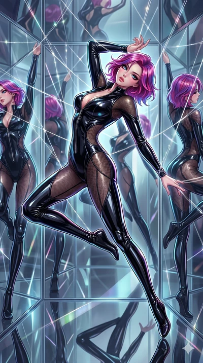 score_9, masterpiece, best quality, ultra-detailed, High-budget Anime Keyframe, East Asian woman. Dynamic full-body shot stretching the vertical silhouette to the limit. Scenario 6: Suspended by invisible silk threads in a hall of mirrors. Her presen