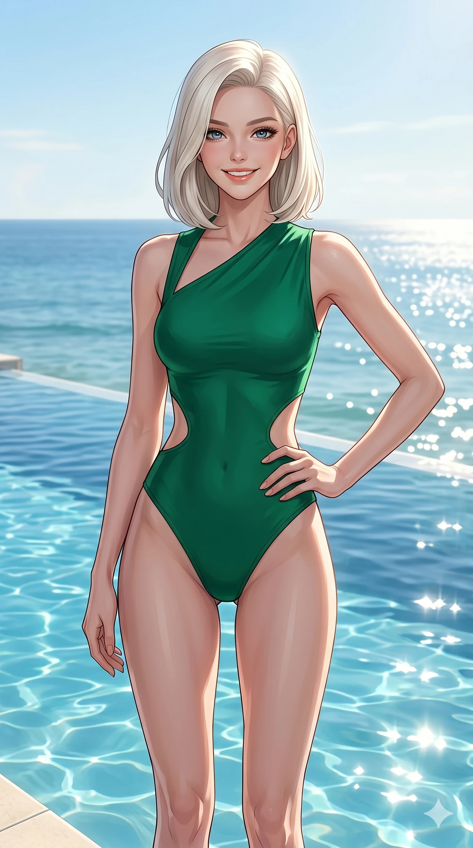 score_9, masterpiece, best quality, ultra-detailed, high-budget anime keyframe, editorial fashion photography, tasteful artistic composition, Caucasian woman, strictly human ears. cowboy shot from the thighs up, character and outfit filling the frame for maximum editorial presence. posing confidently with one hand on her hip, looking at the lens with a bright, beaming smile by an infinity pool that merges with the ocean horizon at a beach resort. She has an absolutely perfect 8-heads proportion, an exceptionally tall and slender female figure with impossibly long slender legs and an ultra-slim waist. V-shaped jawline, high-bridge nose, intricate jewel-like eyes with depth, thick eyelashes, glossy lips with a natural sheen. wearing a glove-like emerald green bodysuit with asymmetric collar lines and dramatic waist cutouts. bathed in bright afternoon sunshine casting clear shadows and sparkling light reflections from the water. 2k, ultra detail, master piece, 9:16 ratio