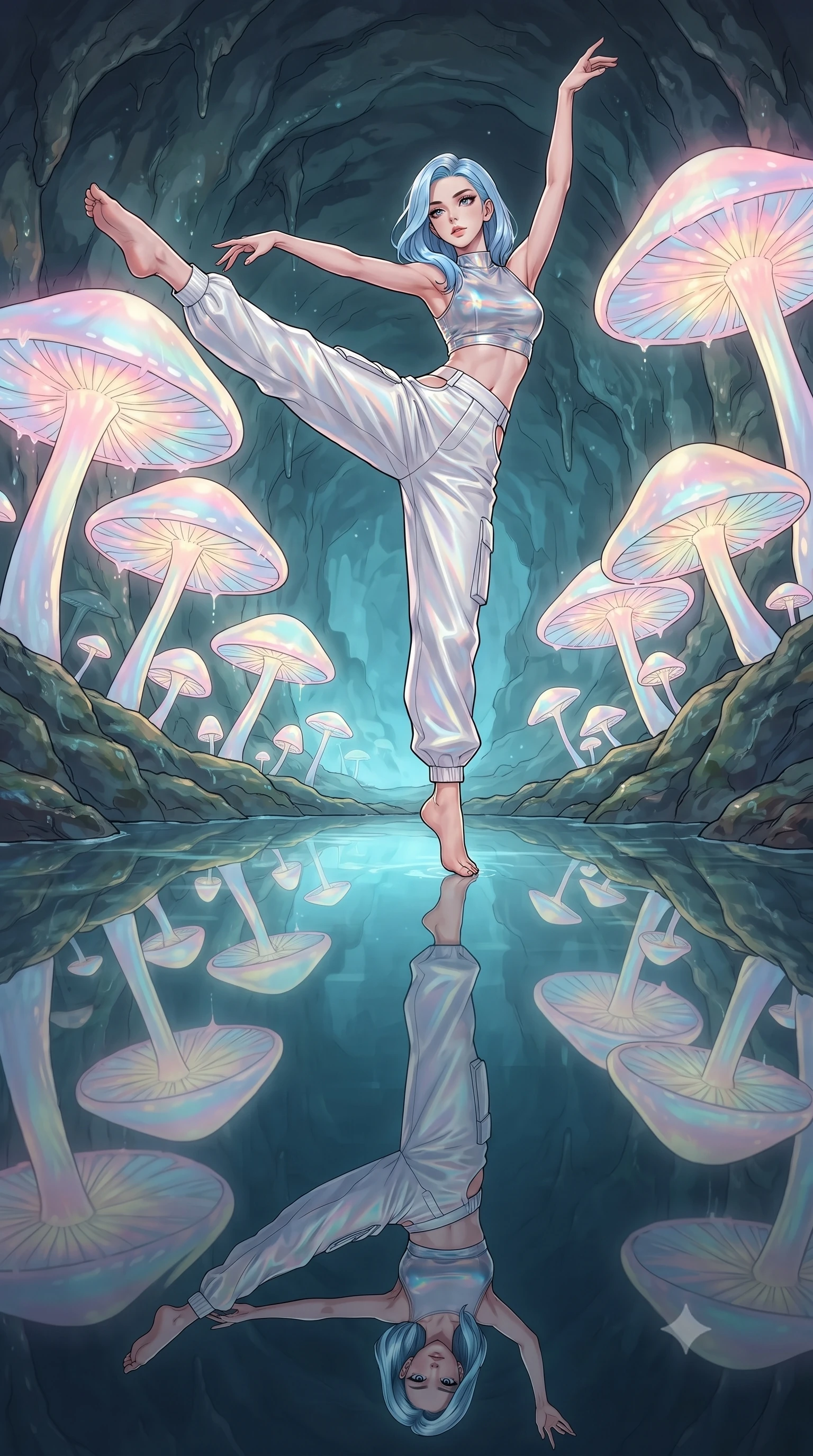 score_9, masterpiece, best quality, ultra-detailed, high-budget anime keyframe, gorgeous anime illustration, with clean line-art and distinct ink outlines, Korean woman. low angle full-body shot from head to toe showing her feet, filling the entire 9:16 vertical frame with her statuesque presence, stretching her vertical silhouette. pirouetting mid-air inside inside a damp cave filled with giant opaline mushrooms that glow with a shifting pearlescent luster, reflecting in a perfectly still underground pool. She has a statuesque 8.5-heads proportion, an exceptionally tall, slender and willowy model-like build with impossibly long legs and a highly sculpted ultra-slim waist. sharp v-shaped jawline, high-bridge nose, intricate jewel-like eyes with depth, thick eyelashes, glossy lips with a natural sheen. wearing a holographic silver crop top paired with high-waisted cargo pants featuring subtle side hip cutouts. soft shifting pearlescent glow (pink, blue, yellow) from the fungi, casting gentle diffused light from below. 2k, ultra detail, master piece, 9:16 ratio, vibrant anime color palette, detailed cel-shading with soft gradients, rich contrast, dynamic lighting, 2d animation style