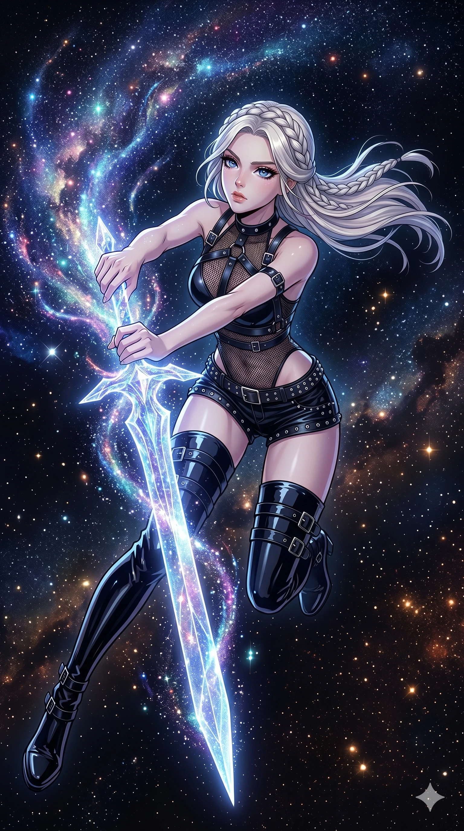 score_9, masterpiece, best quality, ultra-detailed, high-budget anime movie keyframe, cinematic anime lighting, intricate line art, Japanese anime girl. Extreme high angle shot as she leaps towards the camera, filling the frame. drawing stardust from the sky and shaping it into a blade. She has an absolutely perfect 8-heads proportion, an exceptionally tall and slender female figure with an ultra-slim waist and impossibly long slender legs. strictly human anatomy, two legs only, no extra limbs, clearly defined legs and arms, perfect anatomy, perfect hands and fingers. sharp v-shaped jawline, high-bridge nose, intricate jewel-like eyes, thick eyelashes, glossy lips. Wearing K-Idol Stage: Leather harness over mesh, high-cut bodysuit, studded micro-shorts, and thigh-high patent boots. The scene is illuminated by dramatic atmospheric lighting and vibrant color palettes. , 2k, ultra detail, master piece, 9:16 ratio