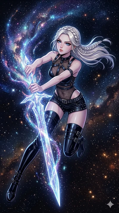 score_9, masterpiece, best quality, ultra-detailed, high-budget anime movie keyframe, cinematic anime lighting, intricate line art, Japanese anime girl. Extreme high angle shot as she leaps towards the camera, filling the frame. drawing stardust from