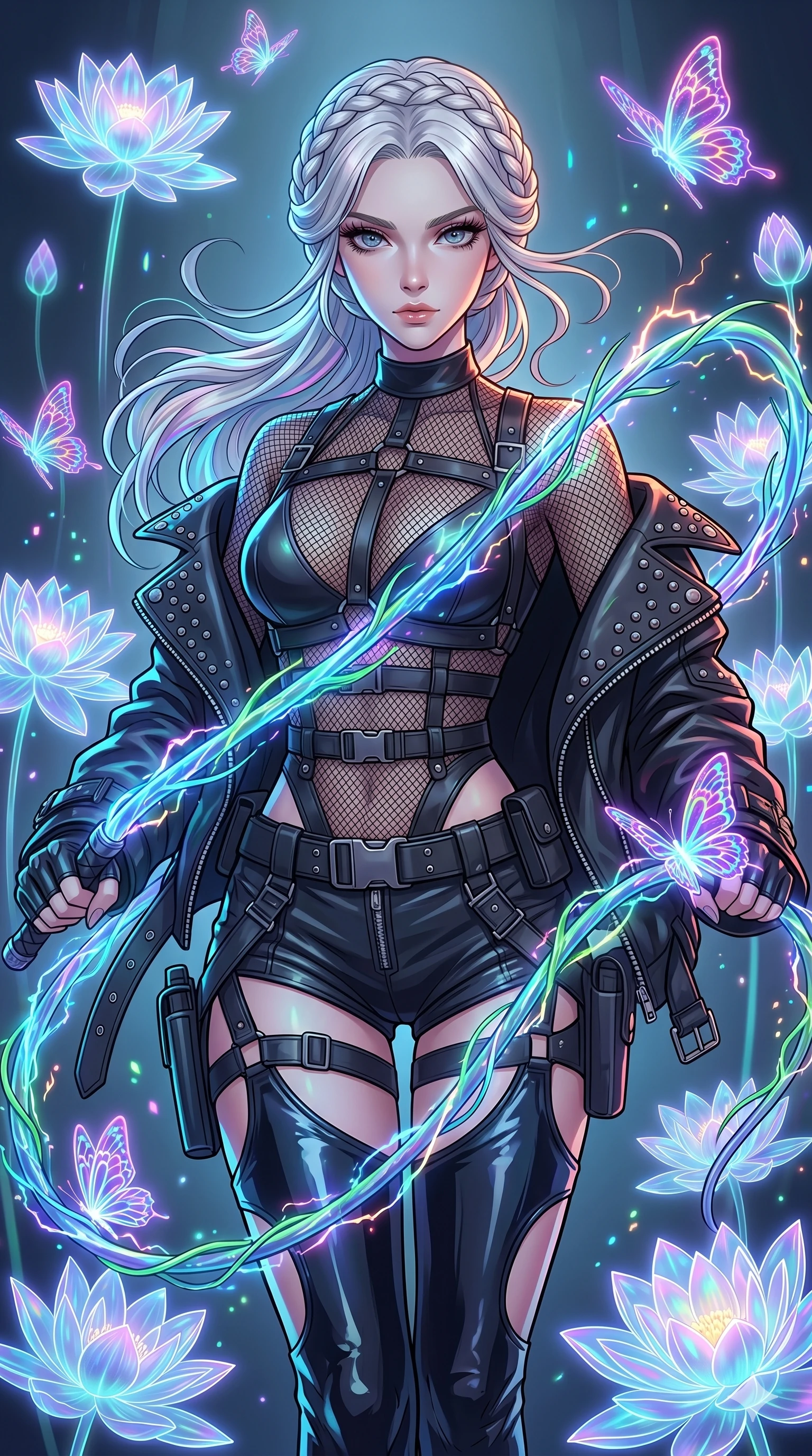 score_9, masterpiece, best quality, ultra-detailed, High-budget Anime Keyframe, vibrant colors, fluid line-art, expressive lighting, cinematic composition, Ufotable-style visual effects, top-tier animation quality, Caucasian woman with pale skin and refined features. Upper body close-up from the thighs up, character filling the screen for maximum presence. Wielding a glowing vine whip that crackles with bioluminescent energy, devoid of thorns. She has an absolutely perfect 8-heads proportion, an exceptionally tall and slender female figure with impossibly long slender legs and an ultra-slim waist, her statuesque height and towering silhouette dominating the vertical 9:16 frame. Her face is a masterpiece featuring a sharp v-shaped jawline, high-bridge nose, intricate jewel-like eyes with depth, thick eyelashes, and glossy lips with a natural sheen. She is wearing a Leather harness over a mesh bodysuit with zip-up micro-shorts and tactical belts, studded biker jacket draped over shoulders, and thigh-high patent leather boots, featuring strategic side cut-outs.. The scene is set in a digital garden filled with holographic lotus flowers and neon butterflies. 2k, ultra detail, master piece, 9:16 ratio