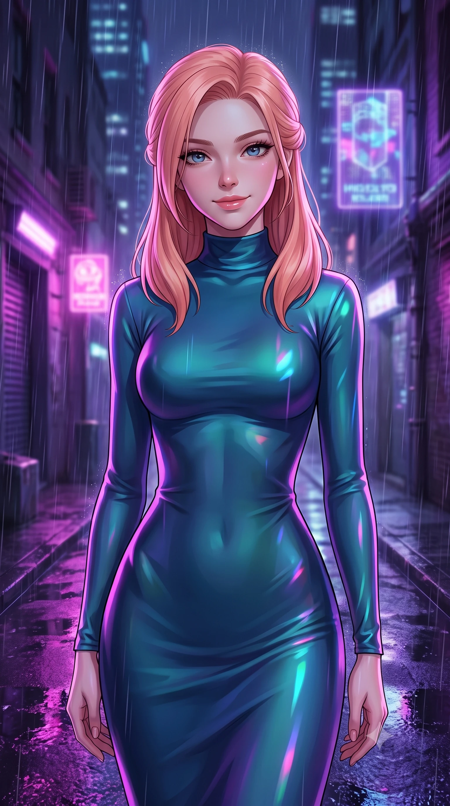 score_9, masterpiece, best quality, ultra-detailed, high-budget anime keyframe, editorial fashion photography, tasteful artistic composition, Japanese woman. close-up cowboy shot from the waist and thighs up, the character dominates the composition, filling the frame with her large presence, background elements kept in soft focus. Gently tilting her head with a serene, peaceful smile of quiet happiness. set against a soft-focus background of in a narrow alleyway at night during a rainstorm, with wet concrete reflecting the purple neon of nearby skyscrapers and floating holographic ads. She has an exceptionally elegant, slender, and willowy female figure with a highly-defined ultra-slim waist, a gracefully sculpted slender torso, and a refined slim-fit silhouette that contours her form. sharp v-shaped jawline, high-bridge nose, intricate jewel-like eyes with depth, thick eyelashes, glossy lips with a natural sheen. wearing a figure-hugging mock-turtleneck gown in a shifting peacock-blue silk fabric, hugging her slender figure from neck to ankle. saturated purple and pink neon light reflecting off the wet asphalt, creating sharp colorful specular highlights. 2k, ultra detail, master piece, 9:16 ratio