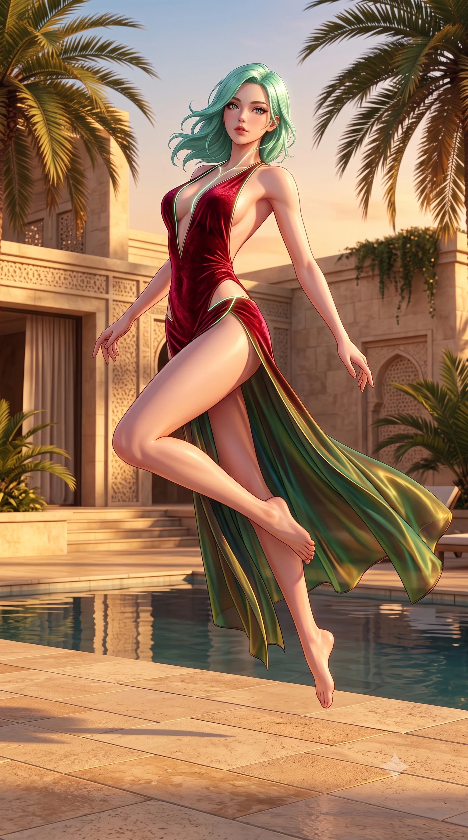 score_9, masterpiece, best quality, ultra-detailed, high-budget anime keyframe, semi-realistic 3D game render, editorial fashion photography, tasteful artistic composition, Japanese woman. low angle full-body shot from head to toe showing her feet, filling the entire 9:16 vertical frame with her statuesque presence, stretching her vertical silhouette. leaping through mid-air with an athletic yet alluring arch of her spine, her impossibly long slender legs stretched in flawless poise while pivoting gracefully on warm limestone terrace tiles as golden sunset rays paint the palm trees in rich amber. The surrounding environment is rendered in vivid detail and crisp panoramic clarity. intricate modern limestone villa textures, swaying date palm fronds, and calm pool reflections in deep focus. She has an absolutely perfect, statuesque 8.5-heads proportion, an exceptionally tall and slender model-like female figure with impossibly long slender legs, a toned flat midriff, and an ultra-slim waist. sharp v-shaped jawline, high-bridge nose, intricate jewel-like eyes with depth, thick eyelashes, glossy lips with a natural sheen, flawlessly proportioned anatomical accuracy, strict slender model proportions, natural body alignment, perfectly sculpted long slender limbs, ultra-slim waistline, clean dynamic posture without body distortion. wearing a backless crimson crushed velvet gown with a deep plunging V-neckline, strategic hip cutouts, and an ultra-high thigh slit in bright emerald green satin and gold hardware, made of smooth iridescent silk chiffon that shifts colors with movement, accented with glowing fiber-optic seams tracing her collarbones and hip curves, the glove-like aerodynamic second-skin fit tightly clinging to her ultra-slender waist and athletic curves without adding bulk, accentuating her razor-sharp statuesque lines and slim hourglass silhouette. surrounded by an exotic, romantic, and intensely magnetic golden desert luxury aura. highly saturated vibrant anime colors, detailed shading with soft gradients, rich glossy textures, high-contrast stereoscopic depth, volumetric dynamic lighting, master piece, 9:16 ratio