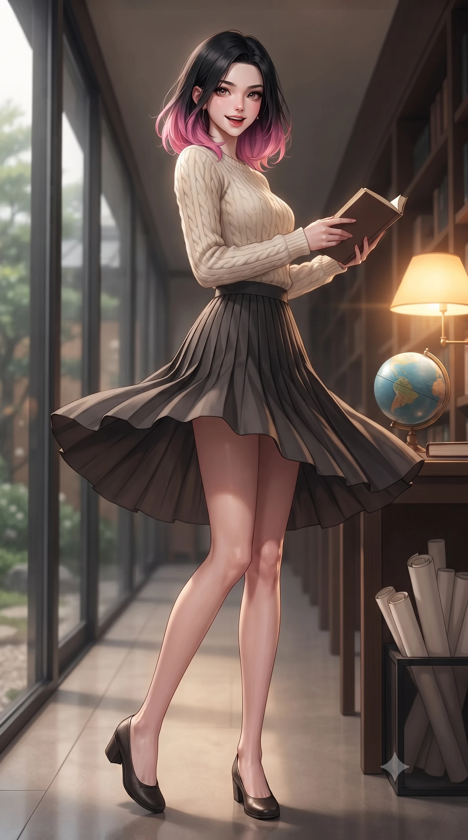 score_9, masterpiece, best quality, ultra-detailed, high-budget anime keyframe, editorial fashion photography, tasteful artistic composition, Korean woman. low angle full-body shot from head to toe showing her feet, filling the entire 9:16 vertical frame with her statuesque presence, stretching her vertical silhouette. twirling around with a playful, cute laugh, her skirt billowing beautifully in the air set against a soft-focus background of in a quiet library corridor with glass panels showing a peaceful garden outside with a small desk globe and paper rolls arranged on the study table. She has an absolutely perfect, statuesque 8.5-heads proportion, an exceptionally tall and slender model-like female figure with impossibly long slender legs and an ultra-slim waist. sharp v-shaped jawline, high-bridge nose, intricate jewel-like eyes with depth, thick eyelashes, glossy lips with a natural sheen. wearing form-contouring preppy cable-knit sweater in cream, paired with a pleated midi skirt in charcoal. soft reading lamp light casting a warm, concentrated golden glow on her book. ultra-reflective glossy finish, specular highlights, metallic sheen, high-contrast stereoscopic depth, volumetric dynamic lighting, 2k, ultra detail, master piece, 9:16 ratio