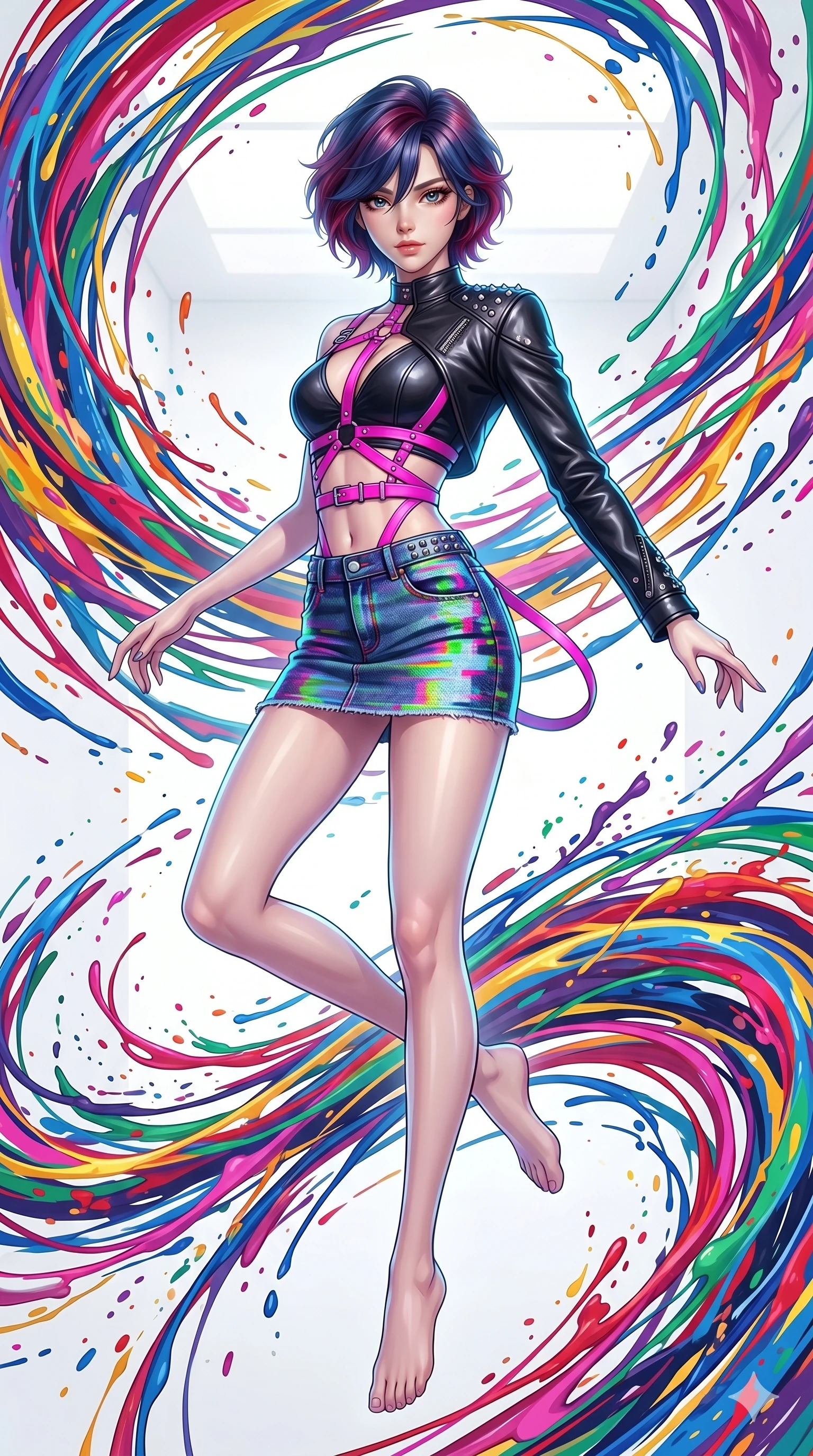 score_9, masterpiece, best quality, ultra-detailed, high-budget anime keyframe, Korean woman. upper body close-up from the thighs up, character filling the screen for maximum presence. leaping into a vorticist paint splatter dimension where thousands of vivid acrylic paint ribbons and splatters swirl around her in a white gallery void. She has an absolutely perfect 8-heads proportion, an exceptionally tall and slender female figure with impossibly long slender legs and an ultra-slim waist. V-shaped jawline, high-bridge nose, intricate jewel-like eyes with depth, thick eyelashes, glossy lips with a natural sheen.. wearing a glitch denim and studded leather outfit, featuring an RGB glitch pattern denim micro-skirt, a single-sleeve cropped leather jacket, and neon pink harness straps. lit by a soft glowing ambient light and a sharp side key light that traces the sleek contours of her athletic build. 2k, ultra detail, master piece, 9:16 ratio