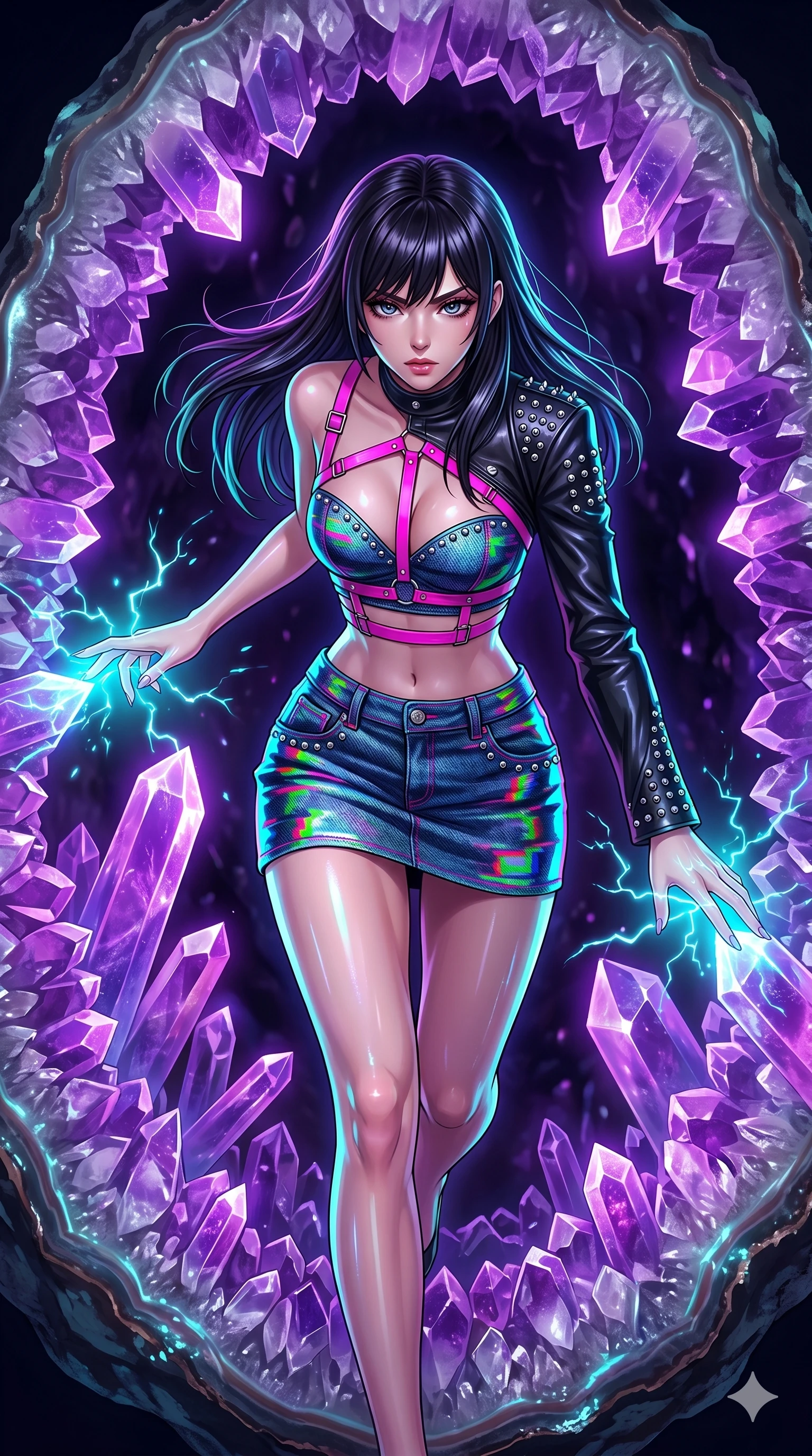 score_9, masterpiece, best quality, ultra-detailed, high-budget anime keyframe, editorial fashion photography, tasteful artistic composition, Caucasian woman, strictly human ears. upper body close-up from the thighs up, character filling the screen for maximum presence. lunging forward near inside a giant hollow geode lined with massive glowing purple crystals while sparks of electric cyan light crackle around her fingertips. She has an absolutely perfect 8-heads proportion, an exceptionally tall and slender female figure with impossibly long slender legs and an ultra-slim waist. V-shaped jawline, high-bridge nose, intricate jewel-like eyes with depth, thick eyelashes, glossy lips with a natural sheen.. wearing a glitch denim and studded leather outfit, featuring an RGB glitch pattern denim structured mini-skirt, a single-sleeve cropped leather jacket, and neon pink harness straps. illuminated by the brilliant neon reflections bouncing off wet surfaces, emphasizing her skin tone. 2k, ultra detail, master piece, 9:16 ratio