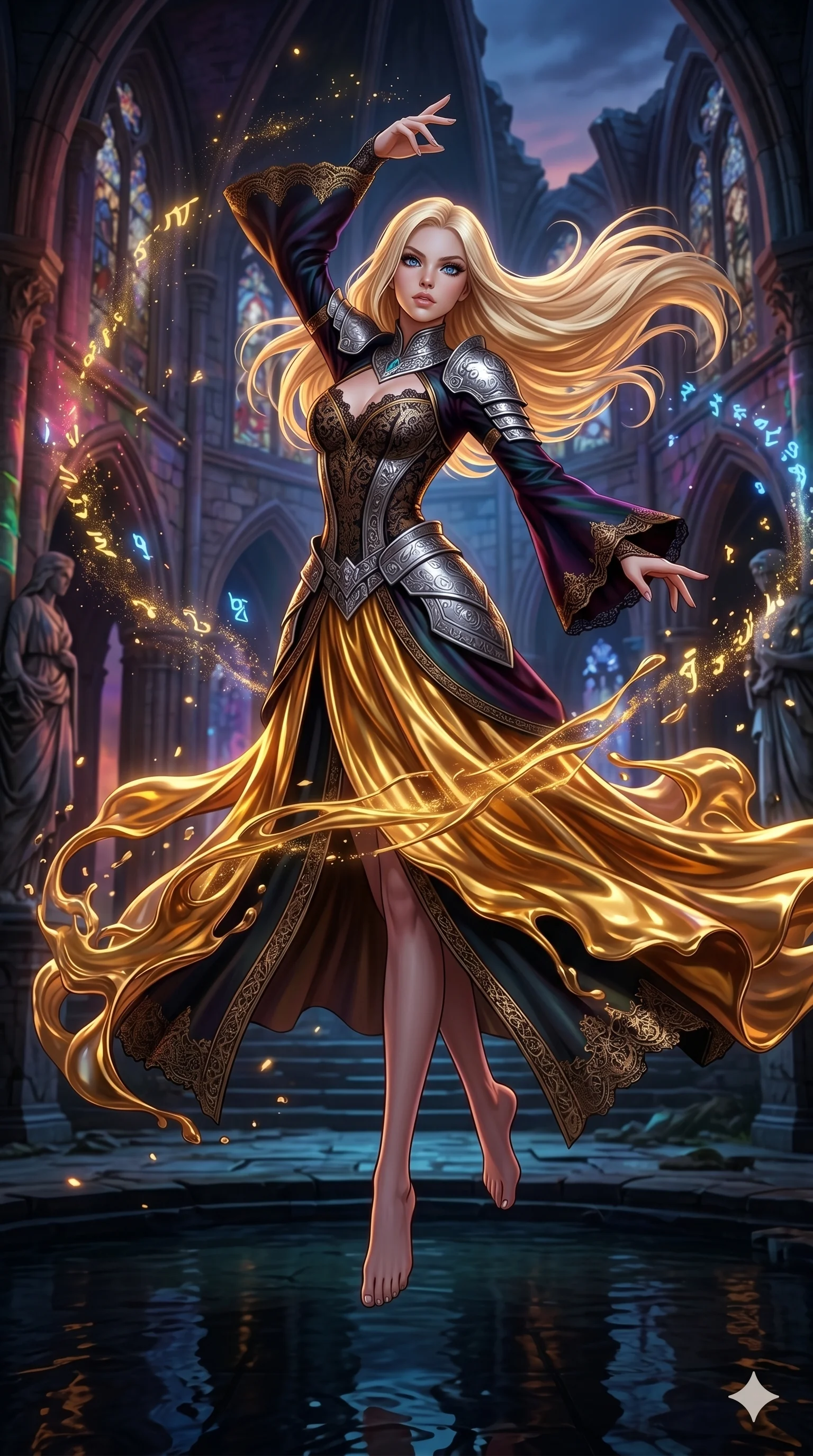 score_9, masterpiece, best quality, ultra-detailed, semi-realistic 3D game render, high-fidelity textures, Unreal Engine 5 style, Caucasian (strictly human ears) woman. Mid-air action shot capturing a graceful twist and vertical silhouette. spinning in a dress made of liquid gold that flows with her motion. She has an absolutely perfect 8-heads proportion, an exceptionally tall and slender female figure with an ultra-slim waist and impossibly long slender legs. strictly human anatomy, two legs only, no extra limbs, clearly defined legs and arms, perfect anatomy, perfect hands and fingers. sharp v-shaped jawline, high-bridge nose, intricate jewel-like eyes, thick eyelashes, glossy lips. Wearing Dark Fantasy: Gothic lace corset gown, bell-sleeved sorceress robes, and engraved silver plate armor over silk. The scene is illuminated by dramatic atmospheric lighting and vibrant color palettes. , 2k, ultra detail, master piece, 9:16 ratio