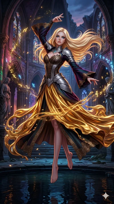 score_9, masterpiece, best quality, ultra-detailed, semi-realistic 3D game render, high-fidelity textures, Unreal Engine 5 style, Caucasian (strictly human ears) woman. Mid-air action shot capturing a graceful twist and vertical silhouette. spinning 