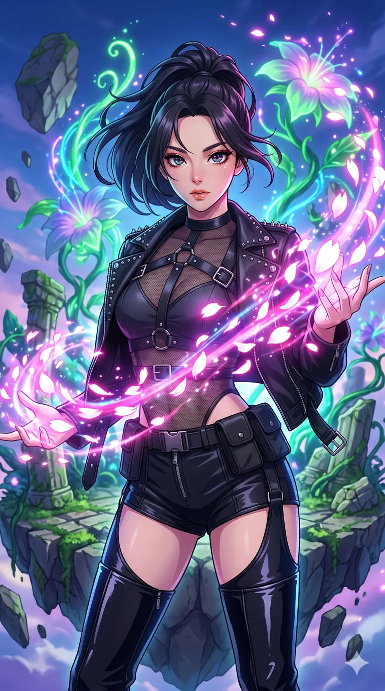 score_9, masterpiece, best quality, ultra-detailed, High-budget Anime Keyframe, vibrant colors, fluid line-art, expressive lighting, cinematic composition, Ufotable-style visual effects, top-tier animation quality, Korean woman with idol-like refined features. Upper body close-up from the thighs up, character filling the screen for maximum presence. Summoning a flurry of glowing petals that swirl in a rhythmic dance. She has an absolutely perfect 8-heads proportion, an exceptionally tall and slender female figure with impossibly long slender legs and an ultra-slim waist, her statuesque height and towering silhouette dominating the vertical 9:16 frame. Her face is a masterpiece featuring a sharp v-shaped jawline, high-bridge nose, intricate jewel-like eyes with depth, thick eyelashes, and glossy lips with a natural sheen. She is wearing a Leather harness over a mesh bodysuit with zip-up micro-shorts and tactical belts, studded biker jacket draped over shoulders, and thigh-high patent leather boots, featuring strategic side cut-outs.. The scene is set in a floating island covered in giant glowing flowers and vines of pure energy. 2k, ultra detail, master piece, 9:16 ratio