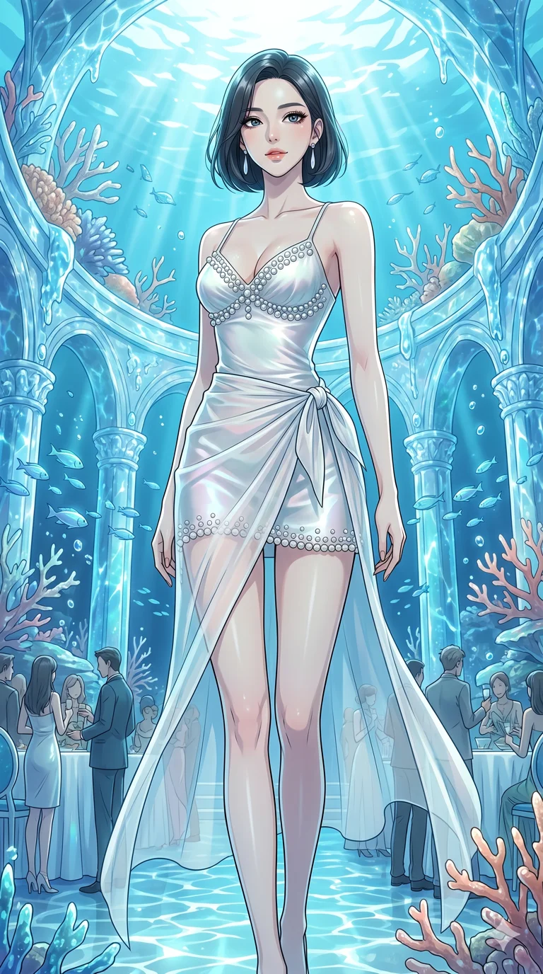 score_9, masterpiece, best quality, ultra-detailed, High-budget Anime Keyframe, beautiful Korean anime girl. Low angle cowboy shot filling the entire 9:16 frame with her statuesque presence. Hosting a banquet in a palace made of shimmering water droplets and iridescent coral. She has an absolutely perfect 8-heads proportion, an exceptionally tall and slender female figure with impossibly long slender legs and an ultra-slim waist. Sharp v-shaped jawline, high-bridge nose, intricate jewel-like eyes with depth, thick eyelashes, glossy lips with a natural sheen. Wearing a Seasonal/Resort outfit: pearlescent silk slip dress adorned with real pearls and a sheer sarong. Background is an underwater crystalline hall with bioluminescent fish and sunlight filtering through the waves. 2k, ultra detail, master piece, 9:16 ratio