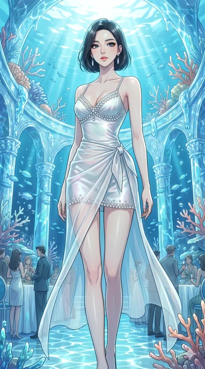 score_9, masterpiece, best quality, ultra-detailed, High-budget Anime Keyframe, beautiful Korean anime girl. Low angle cowboy shot filling the entire 9:16 frame with her statuesque presence. Hosting a banquet in a palace made of shimmering water drop