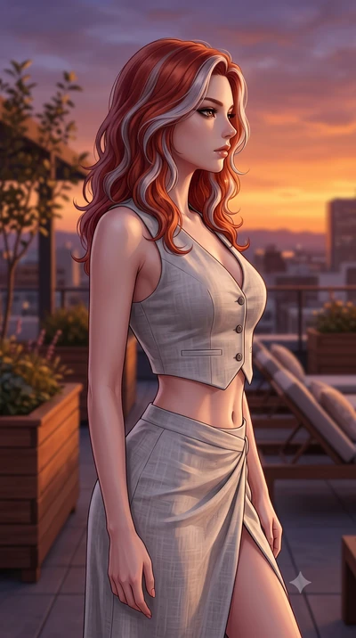 score_9, masterpiece, best quality, ultra-detailed, high-budget anime keyframe, editorial fashion photography, tasteful artistic composition, Caucasian woman woman. close-up cowboy shot from the waist and thighs up, the character dominates the compos
