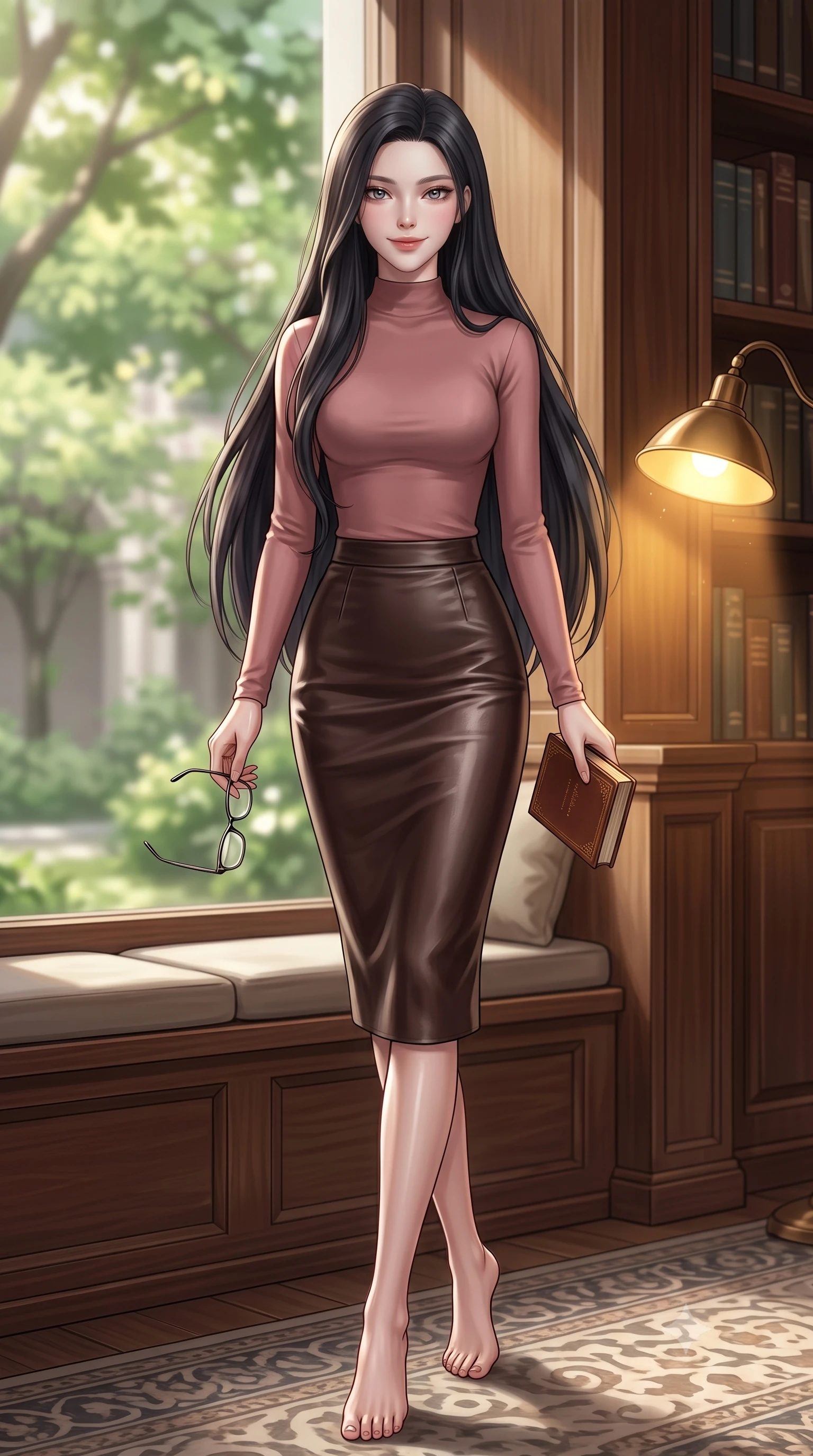 score_9, masterpiece, best quality, ultra-detailed, high-budget anime keyframe, editorial fashion photography, tasteful artistic composition, Korean woman. low angle full-body shot from head to toe showing her feet, filling the entire 9:16 vertical frame with her statuesque presence, stretching her vertical silhouette. stepping forward with an alluring, magnetic smile, her graceful posture highlighting her statuesque silhouette set against a soft-focus background of sitting on a window bench of a quiet library overlooking a green courtyard holding a pair of reading glasses in her hand with a warm, cute expression. She has an absolutely perfect, statuesque 8.5-heads proportion, an exceptionally tall and slender model-like female figure with impossibly long slender legs and an ultra-slim waist. sharp v-shaped jawline, high-bridge nose, intricate jewel-like eyes with depth, thick eyelashes, glossy lips with a natural sheen. wearing slim-fit form-fitting long-sleeve mock-neck top in dusty rose, paired with a slim-fit leather midi skirt. soft reading lamp light casting a warm, concentrated golden glow on her book. ultra-reflective glossy finish, specular highlights, metallic sheen, high-contrast stereoscopic depth, volumetric dynamic lighting, 2k, ultra detail, master piece, 9:16 ratio