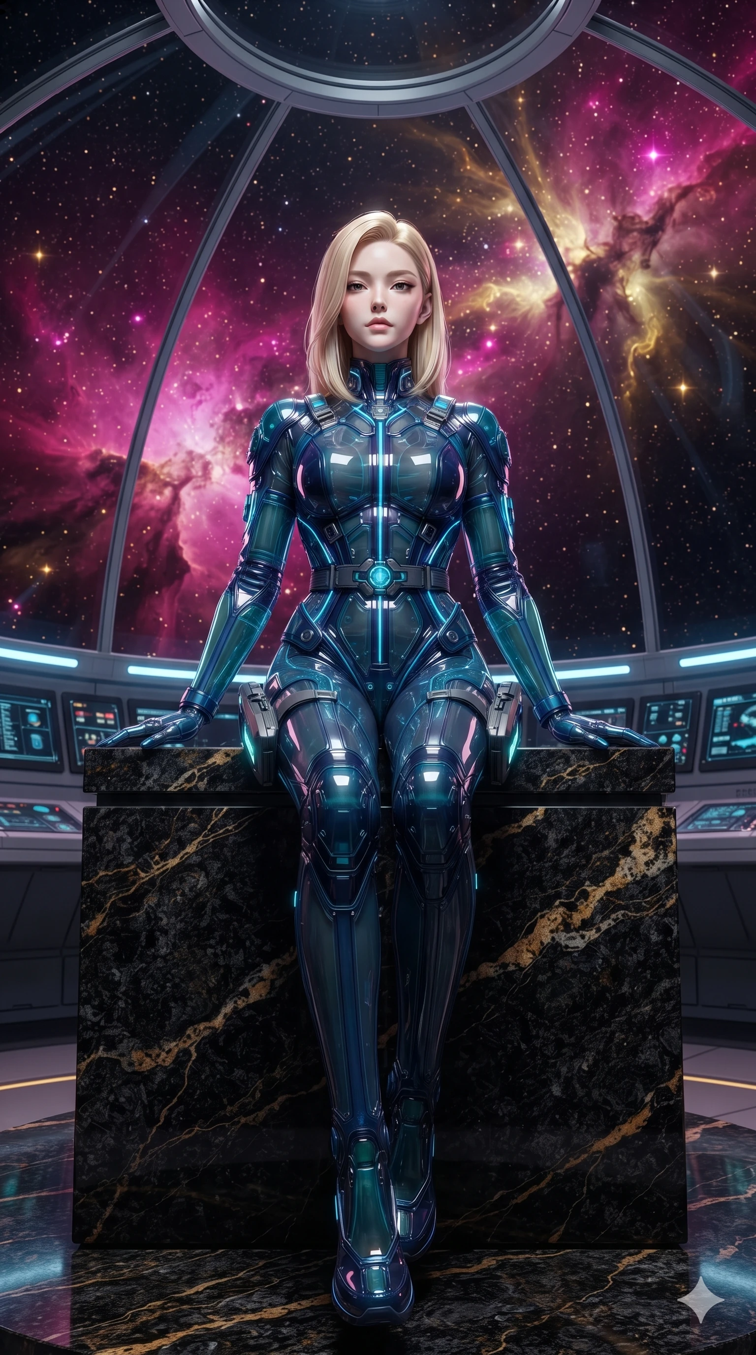 score_9, masterpiece, best quality, ultra-detailed, high-budget anime keyframe, editorial fashion photography, tasteful artistic composition, Korean woman. low angle full-body shot from head to toe showing her feet, filling the entire 9:16 vertical frame with her statuesque presence, stretching her vertical silhouette. sitting poised on the polished granite dais with one knee bent, arching her spine with supermodel elegance as she glances upward through thick eyelashes while standing poised in the center of the transparent hemispherical observation dome, arching her spine with ethereal siren poise as vibrant magenta and gold emission nebulae surround her. The surrounding environment is rendered in vivid detail and crisp panoramic clarity: sharp geodesic dome frame struts, micro-etched star map coordinates, and polished chrome bench curves in deep focus. She has an absolutely perfect, statuesque 8.5-heads proportion, an exceptionally tall and slender model-like female figure with impossibly long slender legs, an ultra-slim waist, a flat toned midriff, narrow delicate ribcage, and beautifully sculpted feminine hips creating a graceful, slim hourglass silhouette without any bulky heaviness. sharp v-shaped jawline, high-bridge nose, intricate jewel-like sparkling eyes with depth, thick eyelashes, glossy parted lips with a natural sheen, bright confident smile with an enchanting and coquettish sensual glint, exuding both youthful magnetic charm and sovereign high-tech allure, flawlessly proportioned anatomical accuracy, strict slender model proportions, natural body alignment, perfectly sculpted long slender limbs, ultra-slim waistline, clean dynamic posture without body distortion. wearing a translucent high-gloss polymer flight suit with internal luminescent wire filigree and tailored waist cinching in deep space navy and laser turquoise, tailored from ultra-reflective glossy liquid vinyl with mirror-like specular highlights, complemented by sleek cybernetic thigh holsters with illuminated power cells, the bespoke structured tailoring following the natural line of her 8.5-heads silhouette with refined elegance. illuminated by dome floor bounce and sharp rose-gold rim lights defining her razor-sharp jawline, narrow waist, and curvy hips. ultra-reflective glossy finish, specular highlights, rich textural contrasts, high-contrast stereoscopic depth, volumetric dynamic lighting, 2k, ultra detail, master piece, 9:16 ratio