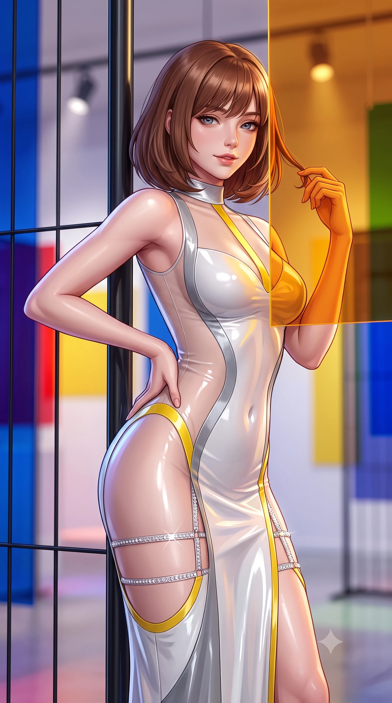 score_9, masterpiece, best quality, ultra-detailed, high-budget anime keyframe, semi-realistic 3D game render, editorial fashion photography, tasteful artistic composition, Caucasian woman. close-up cowboy shot from the waist and thighs up, the character dominates the composition, filling the frame with her large presence. twisting her slender torso in an alluring contrapposto stance, one hand resting on her sculpted hip while her fingers toy with her hair with effortless poise while leaning against a black steel floor-to-ceiling grid pole with hips cocked back, looking through amber acrylic with bedroom-eyes. The background shows a soft-focus modern art spotlights softened in vibrant De Stijl shallow focus. She has an exceptionally elegant, slender, and willowy female figure with an ultra-slim waist, flat toned midriff, narrow ribcage, and sculpted feminine hips creating an alluring, slim hourglass silhouette without bulk. sharp v-shaped jawline, high-bridge nose, sparkling eyes with hypnotic seductive depth, thick curled eyelashes, glossy parted lips with a natural dewy peach sheen, alluring bedroom-eyes with an enchanting coquettish smile, exuding magnetic siren charisma and sophisticated glamour, flawlessly proportioned anatomical accuracy, strict slender model proportions, natural body alignment, perfectly sculpted long slender limbs, ultra-slim waistline, clean dynamic posture without body distortion. wearing a provocative sheer illusion mesh vampire gown with liquid satin ribbons contouring her hourglass curves in Bauhaus optic white and concrete grey with primary yellow accents, crafted from wet-look high-gloss vinyl fabric with dazzling specular surface reflections, finished with delicate crystal-encrusted thigh garter straps glinting under the lights, the glove-like clinging cut tightly following the natural contour of her hips and long slender legs with youthful 8.5-heads elegance. bathed in shifting primary-color light beams transmitted through suspended translucent acrylic panels. highly saturated vibrant anime colors, detailed shading with soft gradients, rich glossy textures, high-contrast stereoscopic depth, volumetric dynamic lighting, master piece, 9:16 ratio
