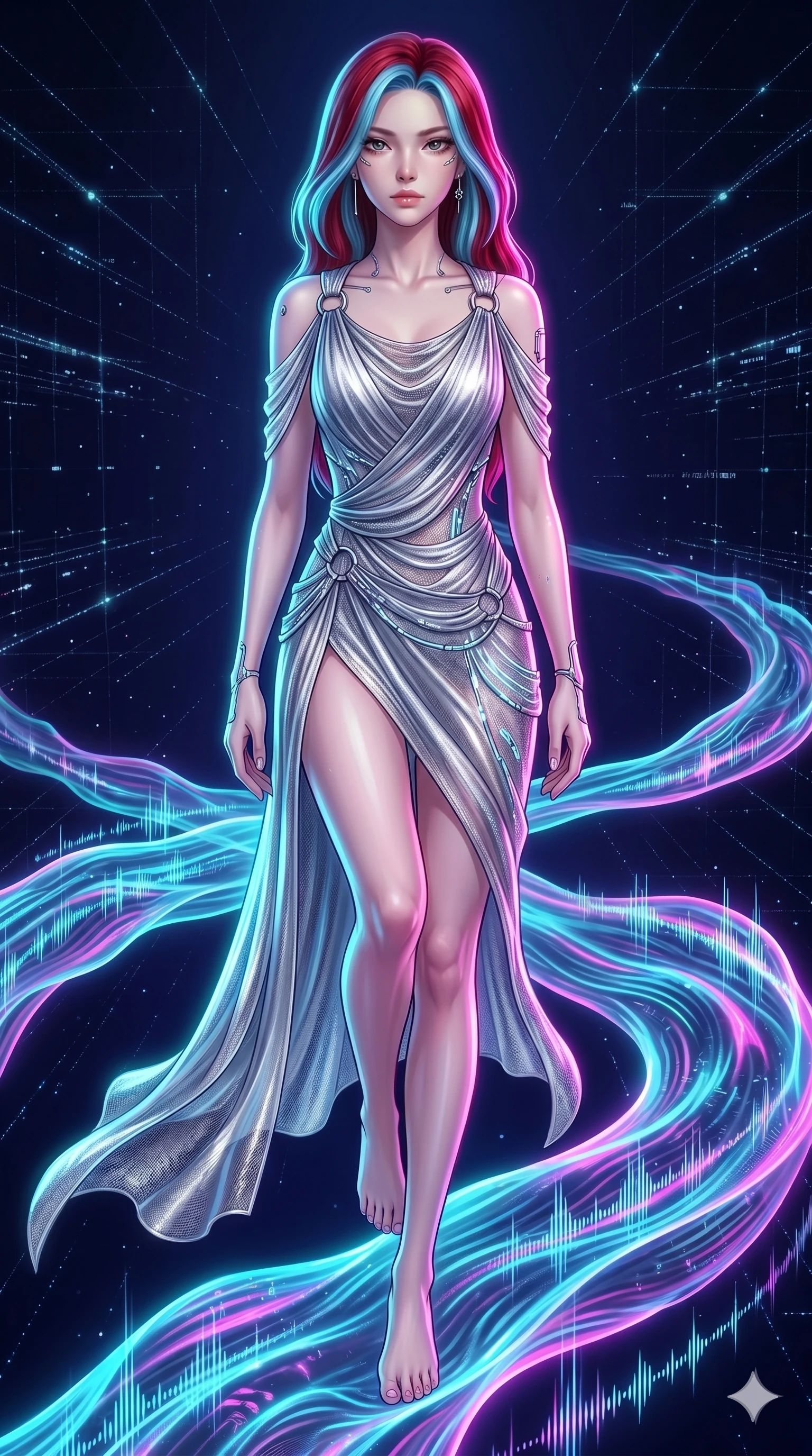 score_9, masterpiece, best quality, ultra-detailed, high-budget anime keyframe, Japanese woman. upper body close-up from the thighs up, character filling the screen for maximum presence. stepping on holographic fluid ribbons of sound that ripple with cyan and magenta light in a dark virtual void. She has an absolutely perfect 8-heads proportion, an exceptionally tall and slender female figure with impossibly long slender legs and an ultra-slim waist. V-shaped jawline, high-bridge nose, intricate jewel-like eyes with depth, thick eyelashes, glossy lips with a natural sheen.. wearing a draped Grecian cyber-gown, featuring draped silver metallic chiffon held by metal ring hardware, displaying a high-leg line. bathed in brilliant cinematic volumetric lighting and intense neon rim light highlighting her slender form. 2k, ultra detail, master piece, 9:16 ratio