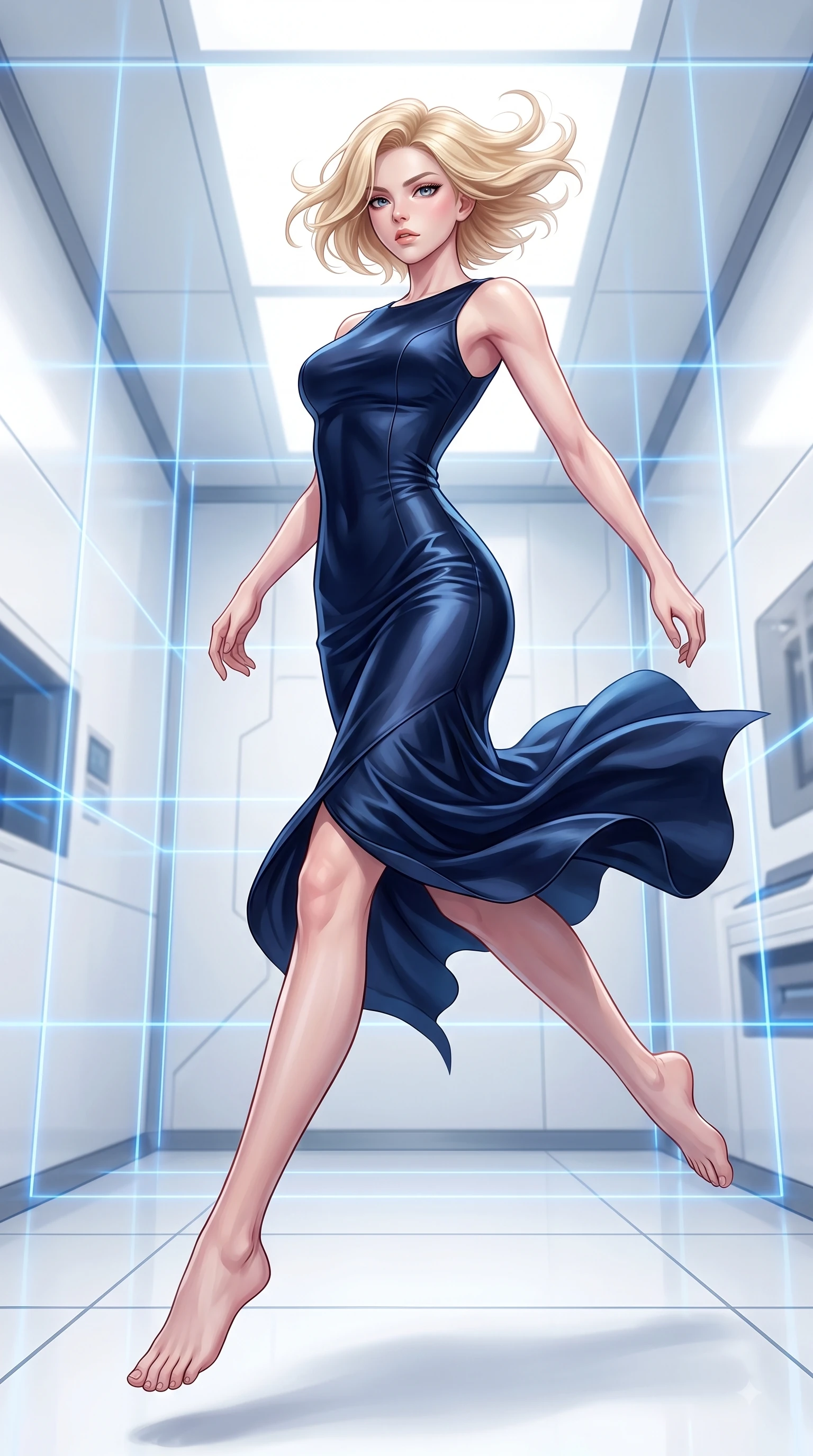 score_9, masterpiece, best quality, ultra-detailed, high-budget anime keyframe, editorial fashion photography, tasteful artistic composition, Caucasian woman woman. low angle full-body shot from head to toe showing her feet, filling the entire 9:16 vertical frame with her statuesque presence, stretching her vertical silhouette. She has an absolutely perfect, statuesque 8.5-heads proportion, an exceptionally tall and slender model-like female figure with impossibly long slender legs and an ultra-slim waist. leaping inside the glowing space with athletic poise, her hair swirling in a dynamic wind vortex, flawlessly proportioned anatomical accuracy, natural body alignment, perfectly sculpted elegant limbs, clean dynamic posture without body distortion. set against a soft-focus background of a high-tech cleanroom with white composite walls and laser grids. wearing a sleek midnight navy silk column dress with form-contouring tailored seams. bathed in crisp high-key white ambient light with focused blue laser gridlines. highly saturated vibrant anime colors, detailed shading with soft gradients, rich glossy textures, high-contrast stereoscopic depth, volumetric dynamic lighting, master piece, 9:16 ratio