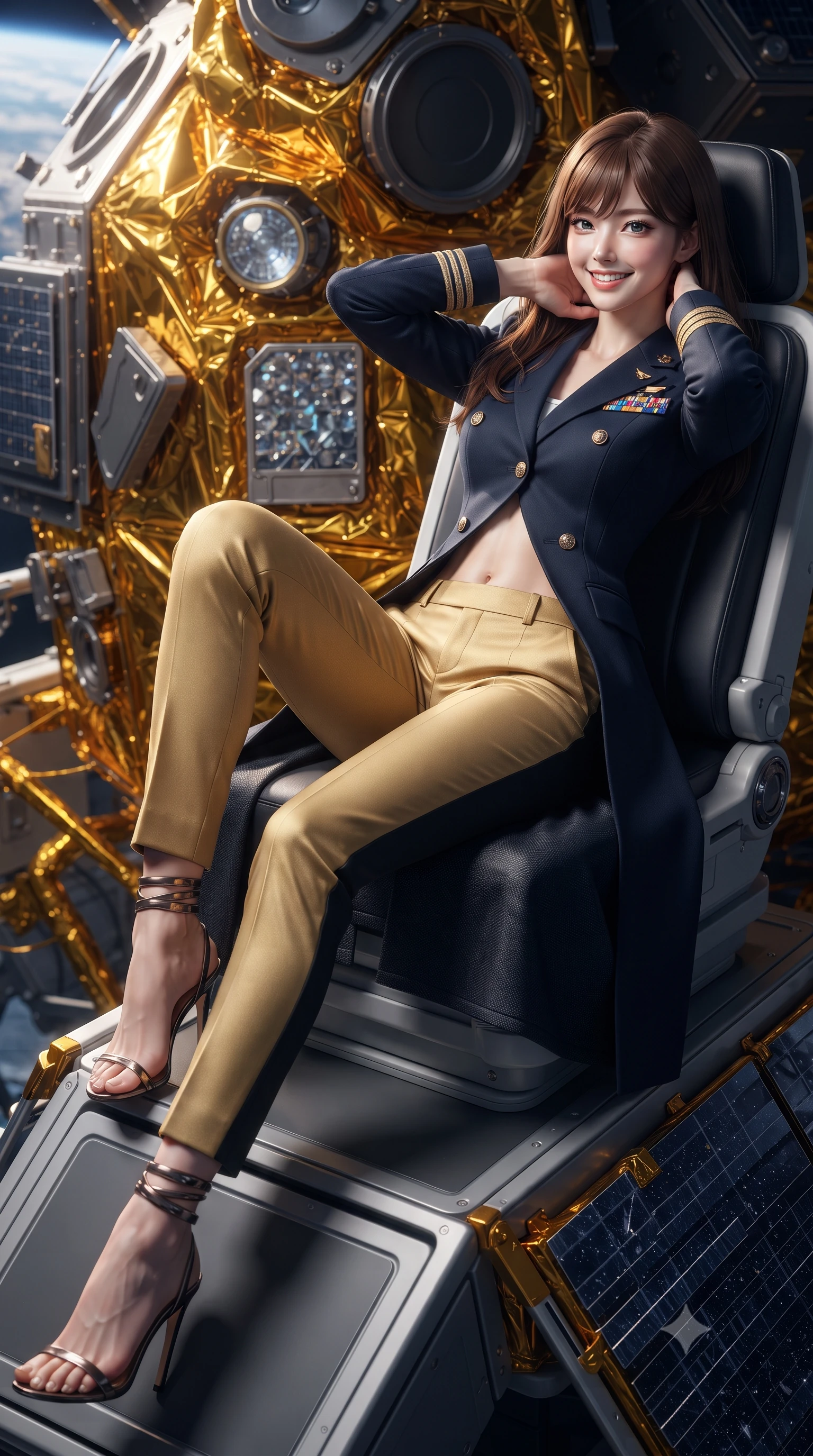 score_9, masterpiece, best quality, ultra-detailed, high-budget anime keyframe, editorial fashion photography, tasteful artistic composition, Korean woman. close-up cowboy shot from the waist and thighs up, the character dominates the composition, filling the frame with her large presence. resting both hands lightly behind her neck with elbows raised, arching her spine to highlight her narrow waist, flat midriff, and breathtaking collarbones while lounging gracefully across the exterior maintenance pod seat propped on one elbow with legs extended, displaying her long slender limbs and statuesque hourglass silhouette. The surrounding environment is rendered in vivid detail and crisp panoramic clarity: sharp gold-leaf thermal insulation foil, crystalline sensor lenses, and micro-meteorite impact shielding textures in deep focus. She has an exceptionally elegant, slender, and willowy female figure with an ultra-slim waist, flat toned midriff, narrow ribcage, and sculpted feminine hips creating an alluring, slim hourglass silhouette without bulk. sharp v-shaped jawline, high-bridge nose, intricate jewel-like sparkling eyes with depth, thick eyelashes, glossy parted lips with a natural peach sheen, bright cheerful beaming smile with an enchanting and coquettish sensual glint, exuding both youthful cute charm and seductive allure, flawlessly proportioned anatomical accuracy, strict slender model proportions, natural body alignment, perfectly sculpted long slender limbs, ultra-slim waistline, clean dynamic posture without body distortion. wearing a tailored flight command officer coat in midnight navy with structured lapels, metallic rank braids, and tailored slim trousers in solar-wind gold and deep space void black, woven from structured carbon-fiber jacquard with rich textural depth, complemented by strappy stiletto sandals with metallic ankle wraps accentuating her slender calves, the impeccably tailored cut draping gracefully along her slender figure with aristocratic poise. illuminated by Earth albedo reflection bounce and intense solar-gold rim lights defining her razor-sharp jawline, narrow waist, and curvy hips. ultra-reflective glossy finish, specular highlights, rich textural contrasts, high-contrast stereoscopic depth, volumetric dynamic lighting, 2k, ultra detail, master piece, 9:16 ratio