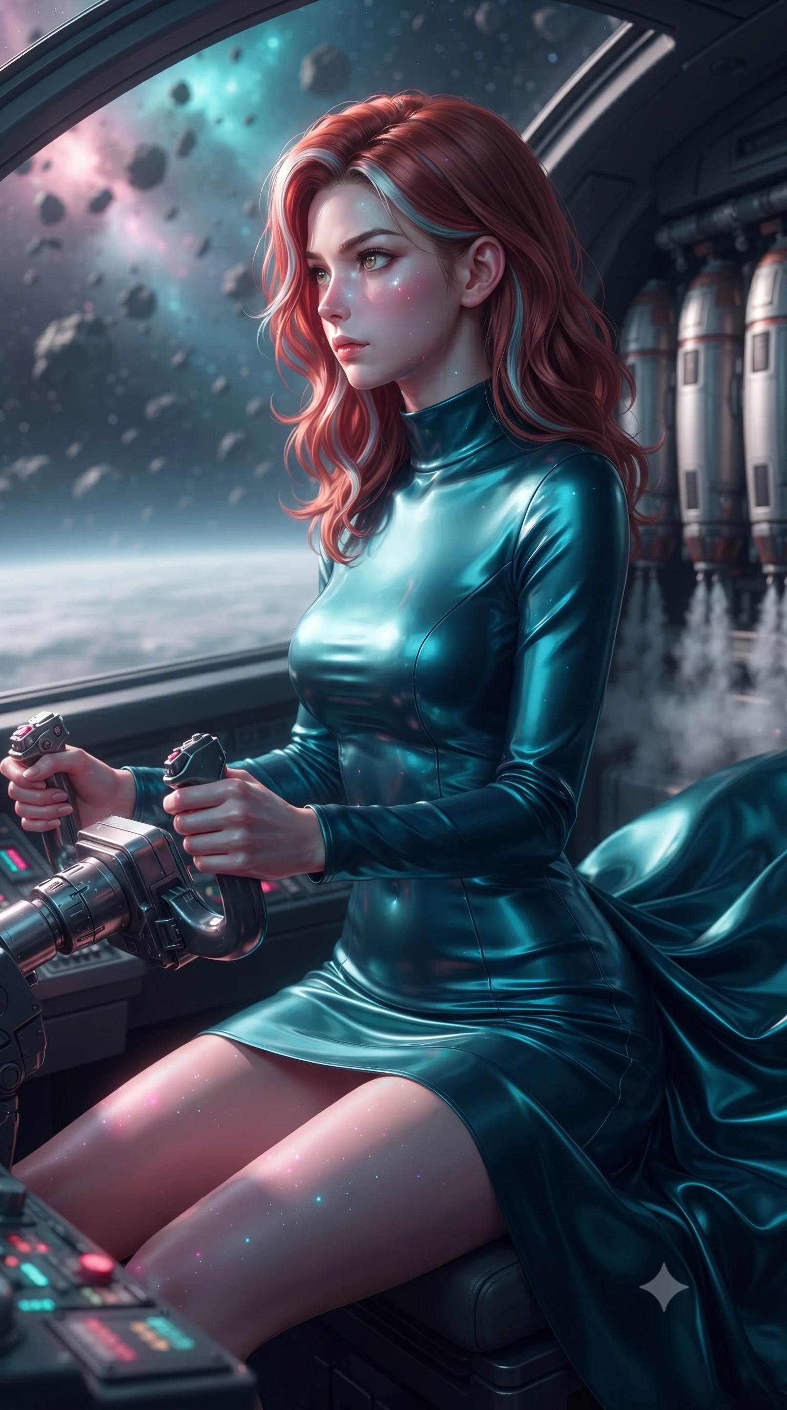 score_9, masterpiece, best quality, ultra-detailed, high-budget anime keyframe, editorial fashion photography, tasteful artistic composition, realistic cosplay photography, Caucasian woman, strictly human ears. close-up cowboy shot from the waist and thighs up, the character dominates the composition, filling the frame with her large presence, background elements kept in soft focus. Piloting a starfighter through a tight asteroid gap, hands tight on the flight yoke, looking sharply left. set against a soft-focus background of a row of vertical drop-pods, steam venting from pneumatic clamps as they prepare to launch down to an alien planet. She has an exceptionally elegant and slender, willowy female figure with an ultra-slim waist, a gracefully sculpted slender torso, and a refined slim physique. sharp v-shaped jawline, high-bridge nose, intricate jewel-like eyes with depth, thick eyelashes, glossy lips with a natural sheen. wearing the lightweight fabric rippling and billowing dramatically with her movement, a tailored form-contouring mock-neck dress in glossy deep teal silk, highlighting her slender build and elegant proportions. starlight and nebula glow casting soft cosmic pink and cyan highlights on her form. ultra-reflective glossy finish, specular highlights, metallic sheen, high-contrast stereoscopic depth, volumetric dynamic lighting, 2k, ultra detail, master piece, 9:16 ratio