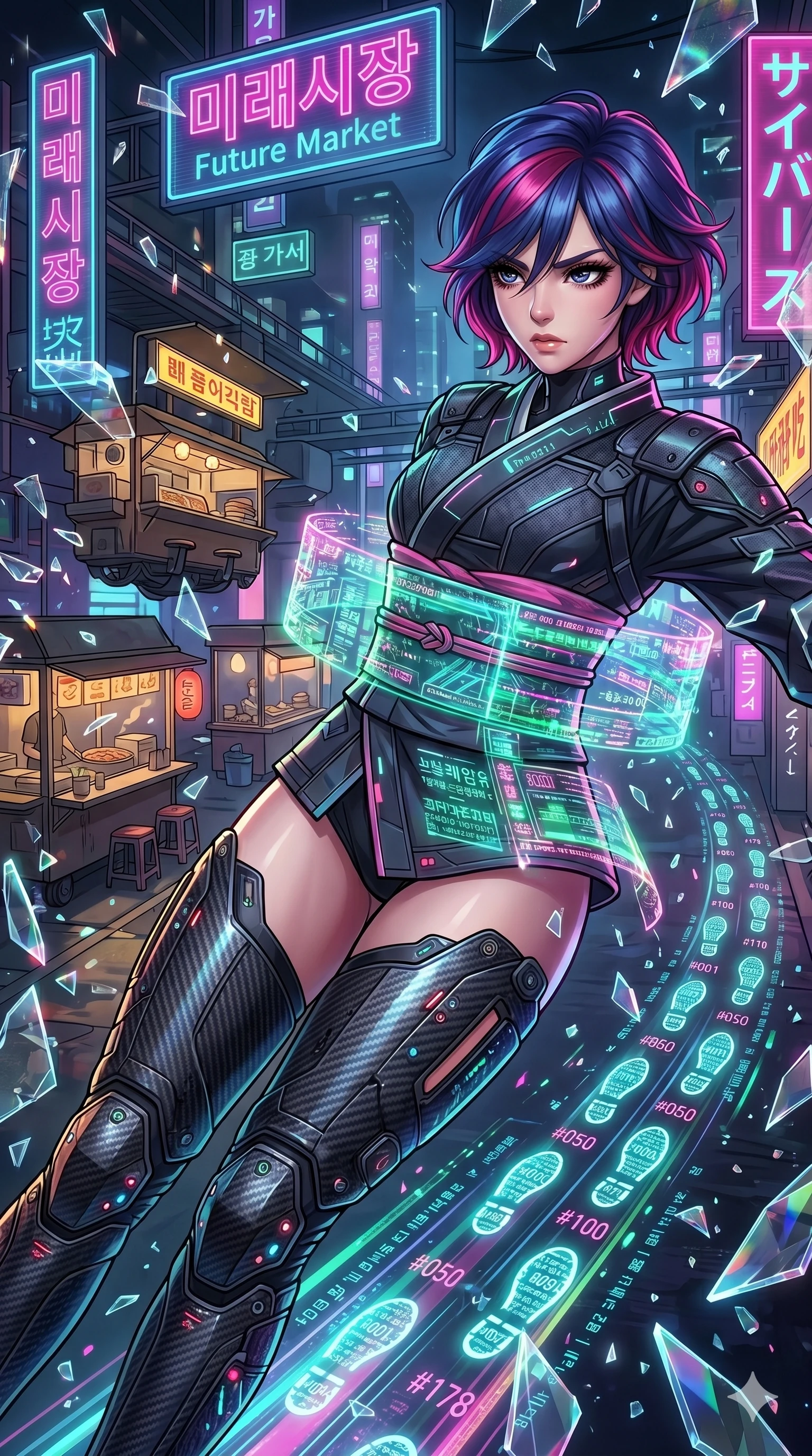 score_9, masterpiece, best quality, ultra-detailed, Set A: High-budget Anime Keyframe, Korean woman. Upper body close-up from the thighs up, character filling the screen for maximum presence. Sliding through a futuristic night market, as she leaves a trail of 178 glowing footprints and surrounded by shattered glass fragments. She has an absolutely perfect 8-heads proportion, an exceptionally tall and slender female figure with impossibly long slender legs and an ultra-slim waist. Sharp v-shaped jawline, high-bridge nose, intricate jewel-like eyes with depth, thick eyelashes, glossy lips with a natural sheen. Wearing Tech-kimono with a wide holographic obi and side-slit carbon-fiber leg guards. Cinematic lighting, vibrant colors, dramatic shadows, 2k, ultra detail, master piece, 9:16 ratio