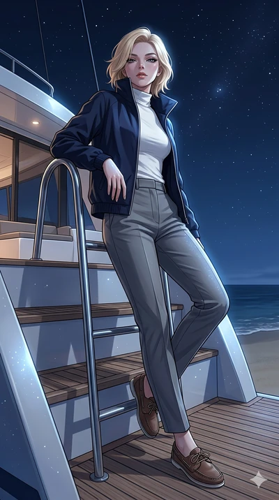 score_9, masterpiece, best quality, ultra-detailed, high-budget anime keyframe, editorial fashion photography, tasteful artistic composition, Caucasian woman, strictly human ears. low angle full-body shot from head to toe showing her feet, filling th