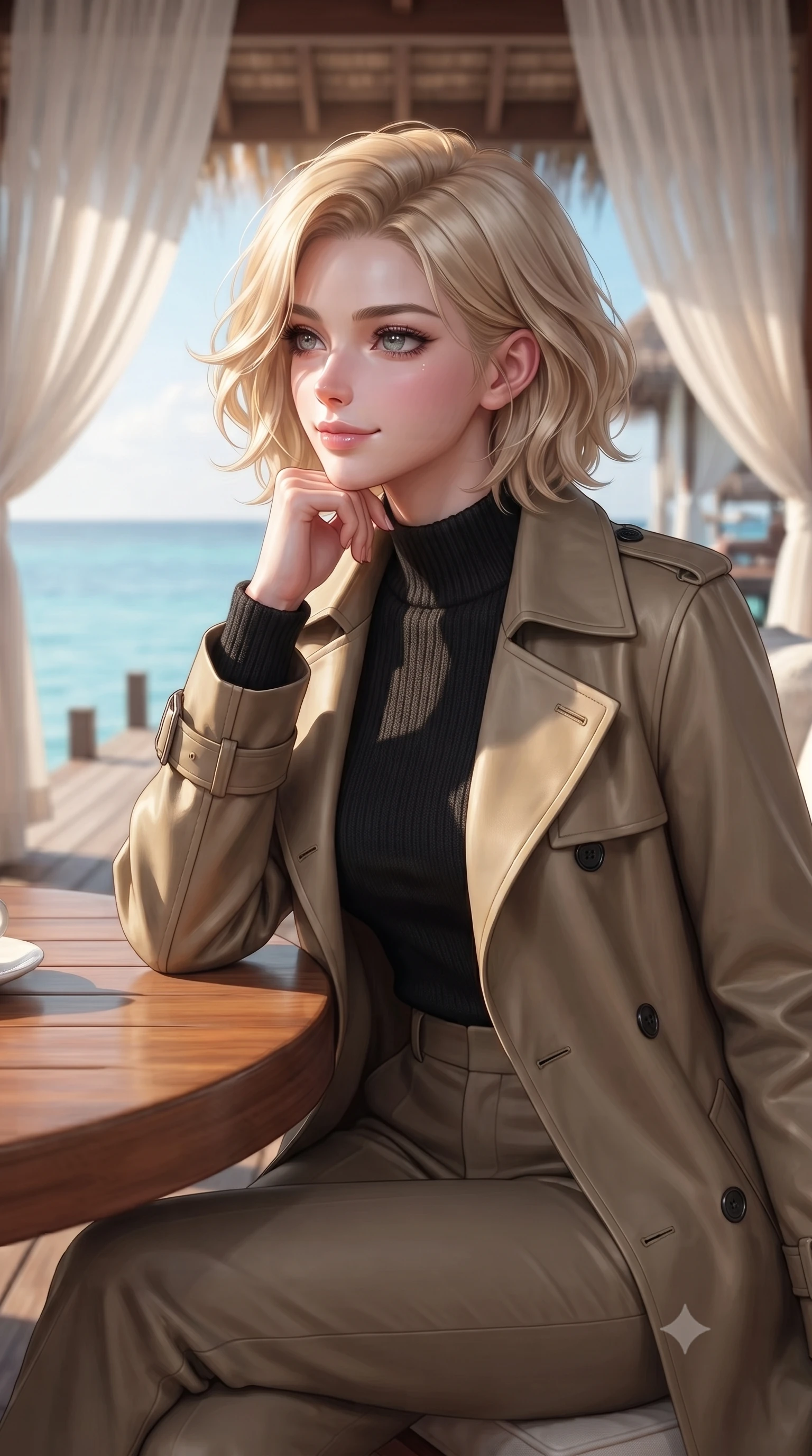 score_9, masterpiece, best quality, ultra-detailed, high-budget anime keyframe, editorial fashion photography, tasteful artistic composition, Caucasian woman woman. close-up cowboy shot from the waist and thighs up, the character dominates the composition, filling the frame with her large presence, background elements kept in soft focus. resting her chin on her hand, looking out at the beautiful scenery with a soft smile the background shows a soft-focus a luxury beach cabana with flowing white curtains, overlooking a serene blue lagoon. She has an exceptionally elegant, slender, and willowy female figure with an ultra-slim waist, a gracefully sculpted slender torso, and a refined silhouette. sharp v-shaped jawline, high-bridge nose, intricate jewel-like eyes with depth, thick eyelashes, glossy lips with a natural sheen. wearing a tailored tailored trench coat in khaki cotton, worn over a black mock-neck knit sweater and straight-cut trousers. dappled sunlight filtering through the cabana roof and drapes. ultra-reflective glossy finish, specular highlights, metallic sheen, high-contrast stereoscopic depth, volumetric dynamic lighting, 2k, ultra detail, master piece, 9:16 ratio