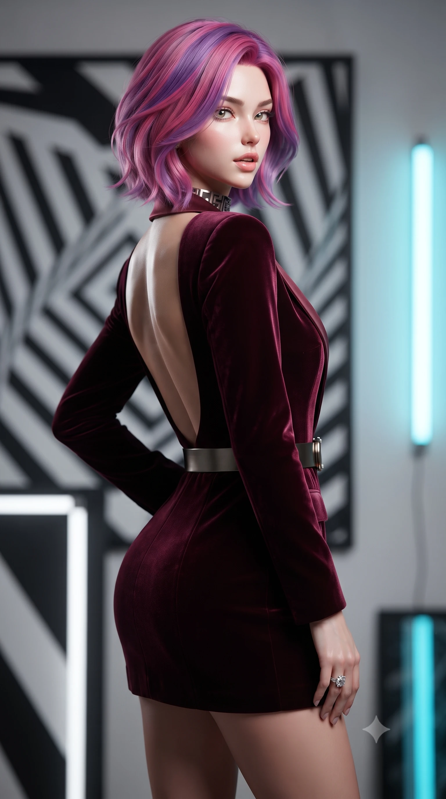 score_9, masterpiece, best quality, ultra-detailed, high-budget anime keyframe, editorial fashion photography, tasteful artistic composition, Caucasian woman. close-up cowboy shot from the waist and thighs up, the character dominates the composition, filling the frame with her large presence. turning over a bare shoulder with an intoxicating, teasing smile, her soft hair framing her sharp jawline as her hips angle gracefully while posing before a monumental black-and-white op-art painting, twisting her slender torso in a sharp contrapposto stance to mirror the geometric optical curves. The composition keeps background elements in soft focus with creamy bokeh. monumental geometric op-art canvases and minimalist neon wall tubes blurred into crisp alabaster, charcoal, and electric cyan bokeh. She has an exceptionally elegant, slender, and willowy female figure with an ultra-slim waist, flat toned midriff, narrow ribcage, and sculpted feminine hips creating an alluring, slim hourglass silhouette without bulk. sharp v-shaped jawline, high-bridge nose, intricate jewel-like eyes with depth, thick eyelashes, glossy parted lips with a natural sheen, intensely captivating and seductive bedroom-eyes expression, flawlessly proportioned anatomical accuracy, strict slender model proportions, natural body alignment, perfectly sculpted long slender limbs, ultra-slim waistline, clean dynamic posture without body distortion. wearing a tailored velvet tuxedo jacket dress with satin lapels, worn with a deep plunge neckline and gold hip buckle in deep wine burgundy and brushed dark platinum, crafted from heavyweight crushed silk velvet with liquid vintage luster, complemented by a bold geometric choker and sparkling cocktail ring, the dramatically scooped open back descending to the base of her spine, accentuating her razor-sharp statuesque lines and slim hourglass silhouette. illuminated by sharp linear edge highlights defining her sculpted collarbones, ultra-slim waist, and curvy hips. ultra-reflective glossy finish, specular highlights, rich textural contrasts, high-contrast stereoscopic depth, volumetric dynamic lighting, 2k, ultra detail, master piece, 9:16 ratio