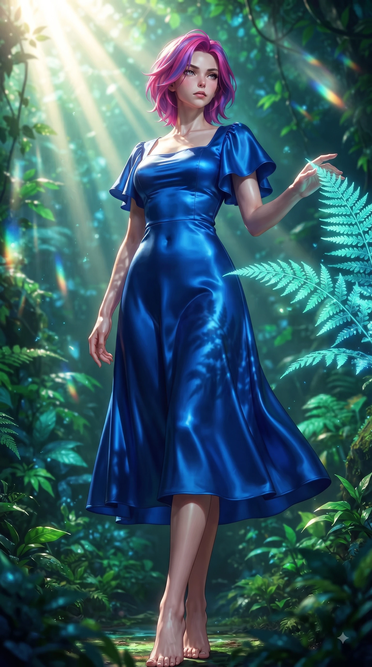 score_9, masterpiece, best quality, ultra-detailed, high-budget anime keyframe, editorial fashion photography, tasteful artistic composition, Caucasian woman. low angle full-body shot from head to toe showing her feet, filling the entire 9:16 vertical frame with her statuesque presence, stretching her vertical silhouette. Cool disdainful expression looking past the camera with effortless superiority and a stoic facial line while reaching out elegantly to touch a bioluminescent fern leaf under streaming sunbeams. The surrounding environment is rendered in vivid detail and crisp panoramic clarity. rich emerald green foliage and sunlit glass refractions captured with high environmental clarity. She has an absolutely perfect, statuesque 8.5-heads proportion, an exceptionally tall and slender model-like female figure with impossibly long slender legs and an ultra-slim waist. sharp v-shaped jawline, high-bridge nose, intricate jewel-like eyes with depth, thick eyelashes, glossy lips with a natural sheen, flawlessly proportioned anatomical accuracy, natural body alignment, perfectly sculpted elegant limbs, clean dynamic posture without body distortion. wearing a vivid sapphire blue satin midi dress following her statuesque figure in vibrant coral red and soft beige, made of premium stretch velvet with a rich glossy sheen, featuring elegant flutter sleeves and a graceful square neckline, the chic fashion cut framing her graceful clavicle and slender torso. illuminated by fresh botanical ambient glow with organic leaf stencil shadows. ultra-reflective glossy finish, specular highlights, metallic sheen, high-contrast stereoscopic depth, volumetric dynamic lighting, 2k, ultra detail, master piece, 9:16 ratio