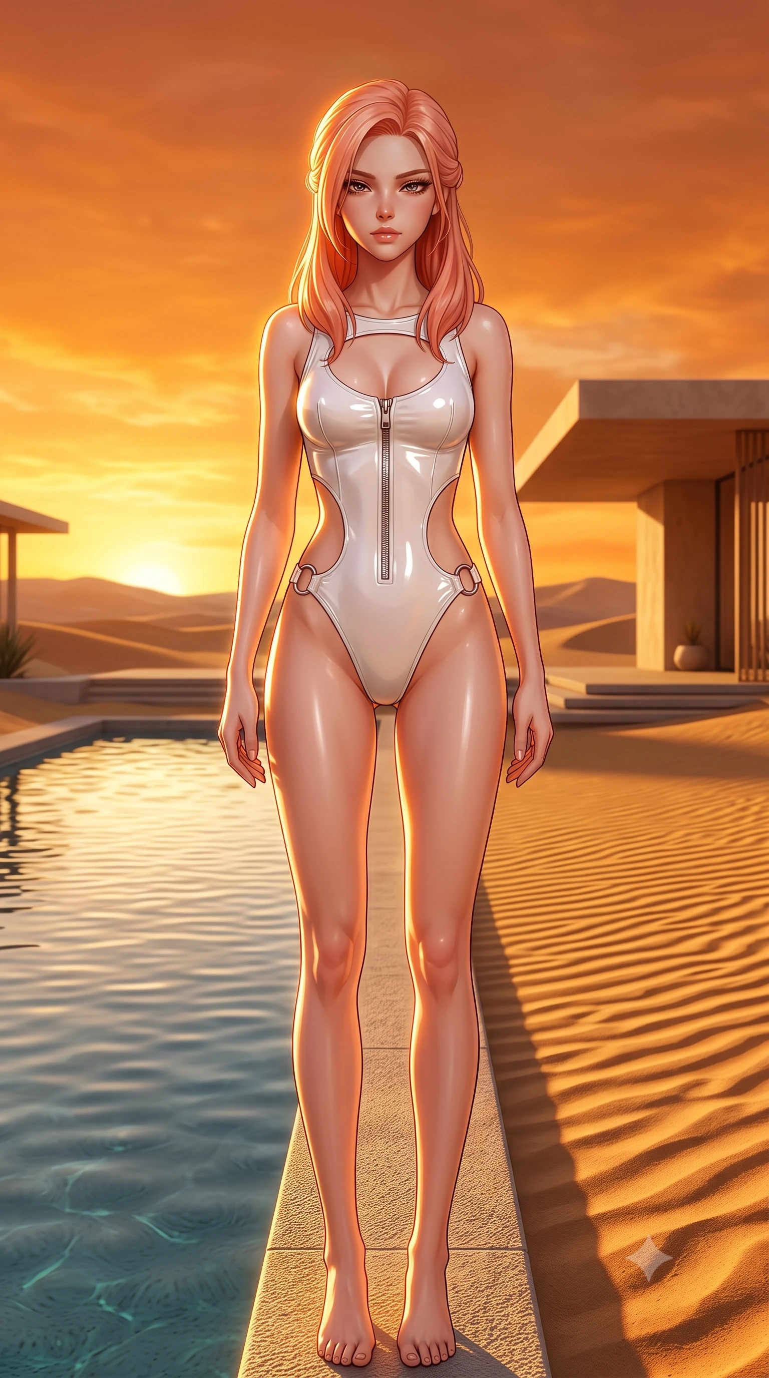 score_9, masterpiece, best quality, ultra-detailed, high-budget anime keyframe, semi-realistic 3D game render, editorial fashion photography, tasteful artistic composition, Japanese woman. close-up cowboy shot from the waist and thighs up, the character dominates the composition, filling the frame with her large presence. casting a slow, smoldering gaze beneath heavy lashes with parted glossy lips, her head slightly tilted in captivating self-assurance while standing with commanding elegance at the edge of an oasis reflecting pool under a glorious glowing orange sky. The surrounding environment is rendered in vivid detail and crisp panoramic clarity. crisp golden sand ripple patterns, glowing sunset sky gradients, and clean architectural lines in high clarity. She has an exceptionally elegant, slender, and willowy female figure with an ultra-slim waist, a gracefully sculpted slender torso, toned flat midriff, and a refined slim silhouette. sharp v-shaped jawline, high-bridge nose, intricate jewel-like eyes with depth, thick eyelashes, glossy lips with a natural sheen, flawlessly proportioned anatomical accuracy, strict slender model proportions, natural body alignment, perfectly sculpted long slender limbs, ultra-slim waistline, clean dynamic posture without body distortion. wearing a glossy white second-skin latex bodysuit with high-thigh cuts, exposed clavicle neckline, and gleaming zipper details in vivid sunset amber orange and cloud white, formed from high-gloss patent material with specular light reflections, detailed with polished silver rings connecting the daring side-waist cutouts, the precision-cut daring openings accentuating her delicate midriff, graceful bare collarbones, and ultra-slim feminine waistline. illuminated by crisp golden rim highlights sharply defining her ultra-slim waist and long legs. highly saturated vibrant anime colors, detailed shading with soft gradients, rich glossy textures, high-contrast stereoscopic depth, volumetric dynamic lighting, master piece, 9:16 ratio
