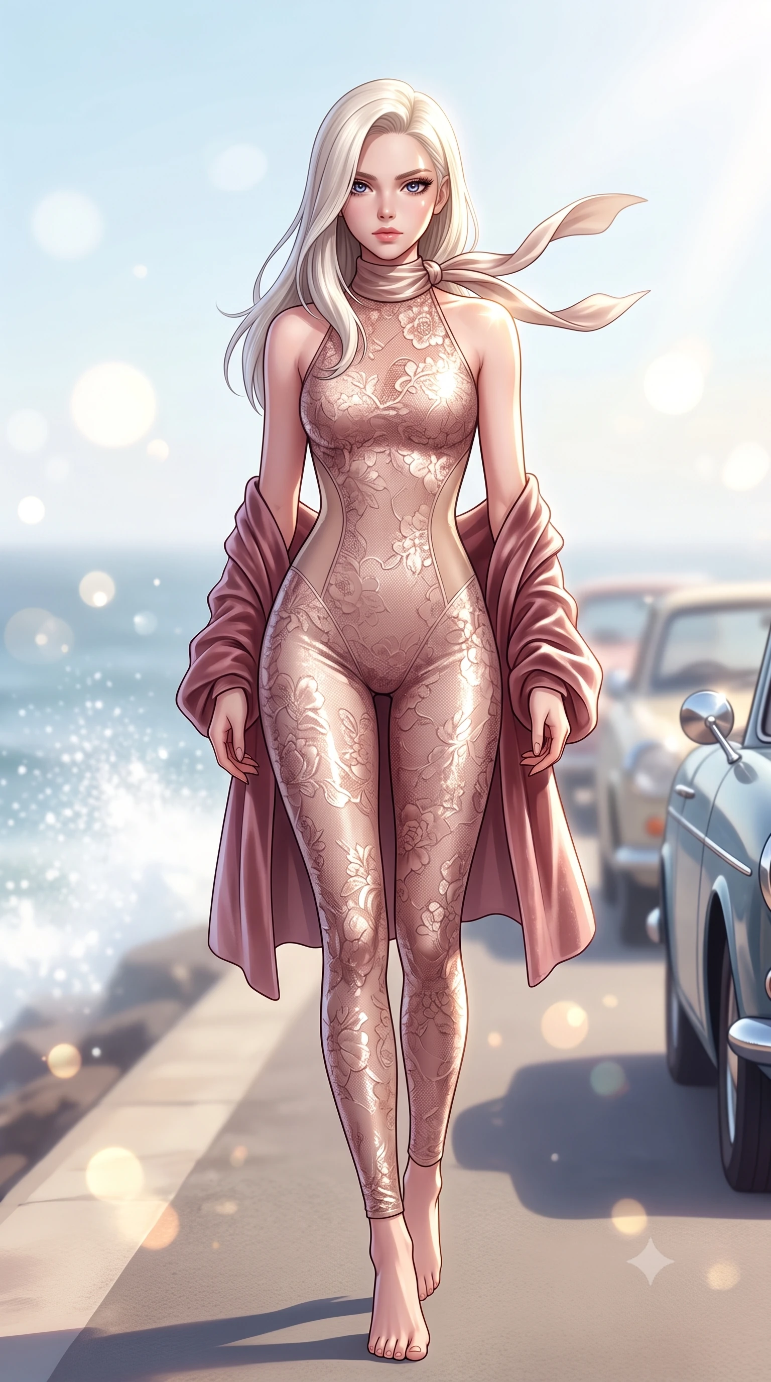 score_9, masterpiece, best quality, ultra-detailed, high-budget anime keyframe, semi-realistic 3D game render, editorial fashion photography, tasteful artistic composition, Caucasian woman. low angle full-body shot from head to toe showing her feet, filling the entire 9:16 vertical frame with her statuesque presence, stretching her vertical silhouette. striding forward in a proud supermodel runway stride, hips swaying in an alluring kinetic rhythm that accentuates her curvy hourglass silhouette while striding gracefully along the coastal corniche as sea winds flutter her open silk scarf, hips swaying in an alluring supermodel rhythm. The composition keeps background elements in soft focus with creamy bokeh. sun glints off chrome car mirrors and sea spray scattering radiant warm light motes. She has an exceptionally tall and slender model-like 8.5-heads proportion, an ultra-slim waist, a flat toned midriff, narrow delicate ribcage, and beautifully sculpted feminine hips creating a graceful, slim hourglass silhouette without any bulky heaviness, with impossibly long slender legs. sharp v-shaped jawline, high-bridge nose, intricate jewel-like eyes with depth, thick eyelashes, glossy parted lips with a natural sheen, intensely captivating and seductive bedroom-eyes expression, flawlessly proportioned anatomical accuracy, strict slender model proportions, natural body alignment, perfectly sculpted long slender limbs, ultra-slim waistline, clean dynamic posture without body distortion. wearing a second-skin compression catsuit with an open back and sheer mesh side waist contouring in dusky blush rose and champagne shimmer, formed from shimmering floral lace over smooth opaque silk lining, complemented by a plush velvet shawl draped loosely over her elbows, the glove-like aerodynamic silhouette tightly following the natural contour of her hips and long slender legs with statuesque 8.5-heads elegance. illuminated by bright specular sun glints sharply carving her razor-sharp jawline, narrow waist, and curvy hips. highly saturated vibrant anime colors, detailed shading with soft gradients, rich glossy textures, high-contrast stereoscopic depth, volumetric dynamic lighting, master piece, 9:16 ratio