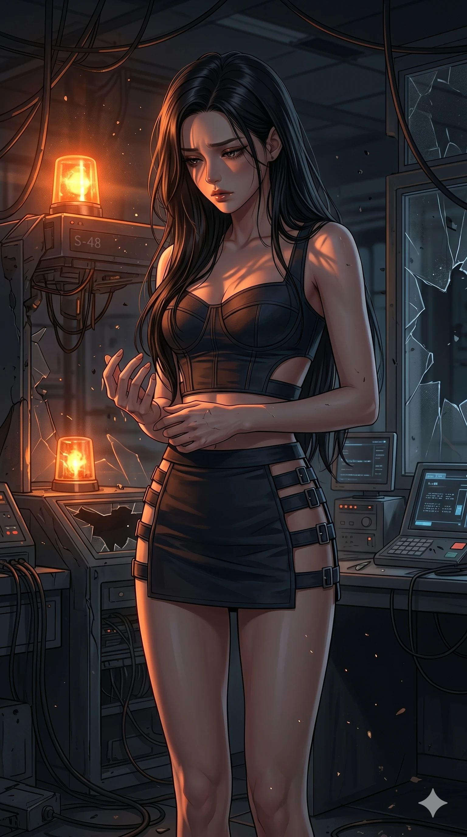 score_9, masterpiece, best quality, ultra-detailed, high-budget anime keyframe, editorial fashion photography, tasteful artistic composition, Korean woman. cowboy shot from the thighs up, character and outfit filling the frame for maximum editorial presence. collapsing her shoulders slightly, her hands trembling as she looks down at the ground in deep grief in an abandoned high-tech laboratory with flickering emergency lights (Scenario Code S-48). She has an absolutely perfect 8-heads proportion, an exceptionally tall and slender female figure with impossibly long slender legs and an ultra-slim waist. V-shaped jawline, high-bridge nose, intricate jewel-like eyes with depth, thick eyelashes, glossy lips with a natural sheen. wearing a structured crop bustier with strategic cutouts and a matching micro-skirt with side straps. lit by a flickering orange emergency beacon, casting dramatic, dancing shadows on her body. 2k, ultra detail, master piece, 9:16 ratio