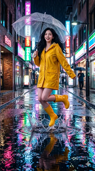 score_9, score_8_up, score_7_up, source_anime, masterpiece, best quality, ultra-detailed, same character with long flowing black hair, wearing a bright yellow raincoat and matching rain boots, full body shot happily jumping in a water puddle holding 