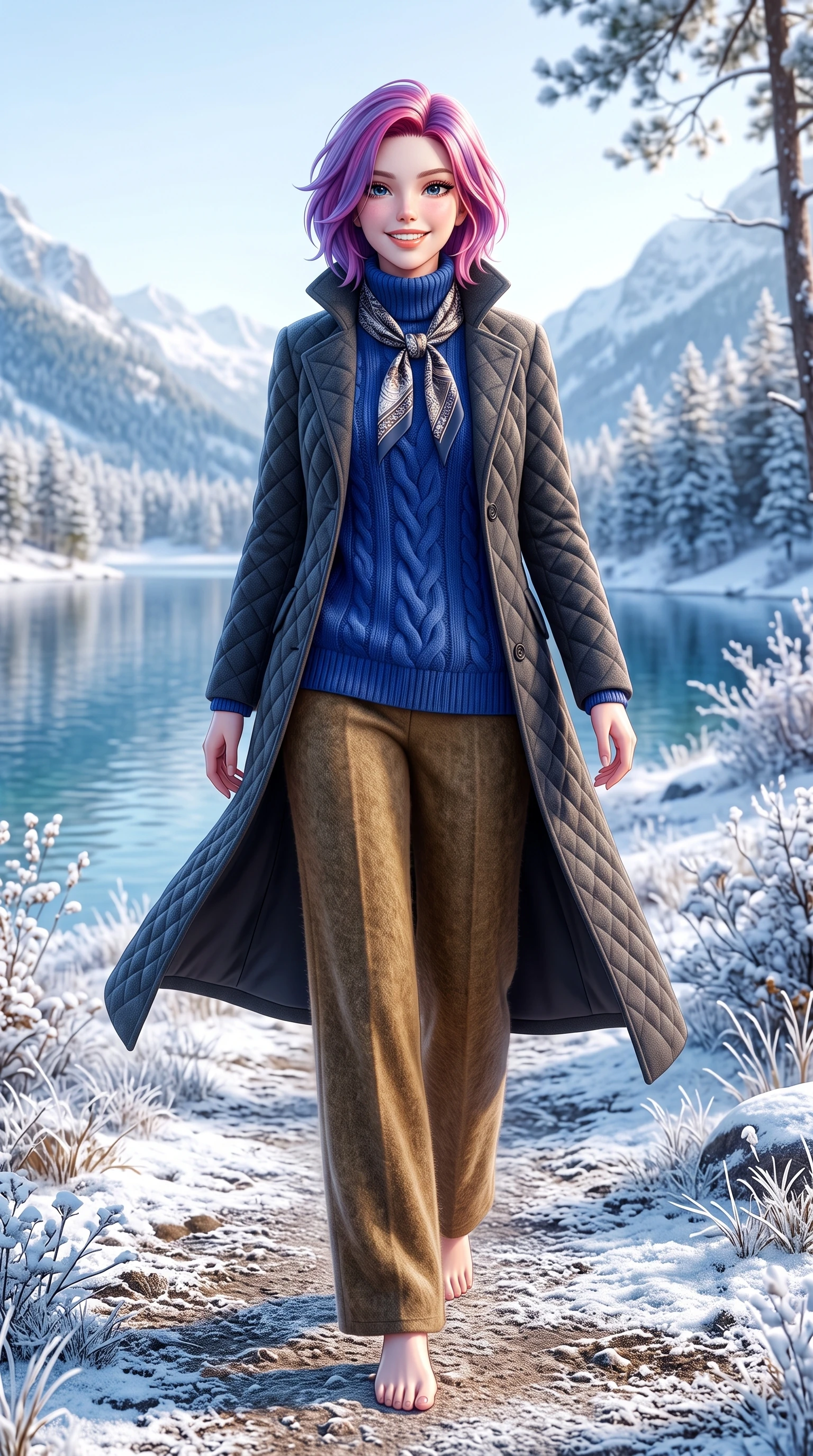 score_9, masterpiece, best quality, ultra-detailed, high-budget anime keyframe, semi-realistic 3D game render, editorial fashion photography, tasteful artistic composition, Caucasian woman. low angle full-body shot from head to toe showing her feet, filling the entire 9:16 vertical frame with her statuesque presence, stretching her vertical silhouette. stepping forward gracefully in mid-motion with a radiant beaming smile, her long tailored coat fluttering around her slender legs while stepping forward with brisk, graceful strides on the frosted path, her long wool coat creating an impeccably slender vertical line. The surrounding environment is rendered in vivid detail and crisp panoramic clarity: detailed quilted down-tailored coat quilting, high funnel neck collar, and alpine lakeside topography in high resolution. She has an exceptionally tall and slender model-like 8.5-heads proportion, an ultra-slim waist, a flat toned midriff, narrow delicate ribcage, and beautifully sculpted feminine hips creating a graceful, slim hourglass silhouette without any bulky heaviness, with impossibly long slender legs. sharp v-shaped jawline, high-bridge nose, intricate jewel-like sparkling eyes with depth, thick eyelashes, glossy parted lips with a natural peach sheen, bright cheerful beaming smile with an enchanting and coquettish sensual glint, exuding both youthful cute charm and seductive allure, flawlessly proportioned anatomical accuracy, strict slender model proportions, natural body alignment, perfectly sculpted long slender limbs, ultra-slim waistline, clean dynamic posture without body distortion. wearing an oversized chunky cable-knit cashmere roll-neck sweater paired with brushed wool flannel wide-leg trousers in royal sapphire blue and antique brushed bronze, woven from plush alpaca yarn with a cloud-like fuzzy texture and soft halo, finished with a printed silk twilly scarf knotted gracefully around her neck, the streamlined silhouette following her natural slender proportions with sophisticated poise, enhancing her tall willowy presence. illuminated by frosted ground bounce and sharp crystalline rim lights defining her features, narrow waist, and statuesque height. highly saturated vibrant anime colors, detailed shading with soft gradients, rich glossy textures, high-contrast stereoscopic depth, volumetric dynamic lighting, master piece, 9:16 ratio