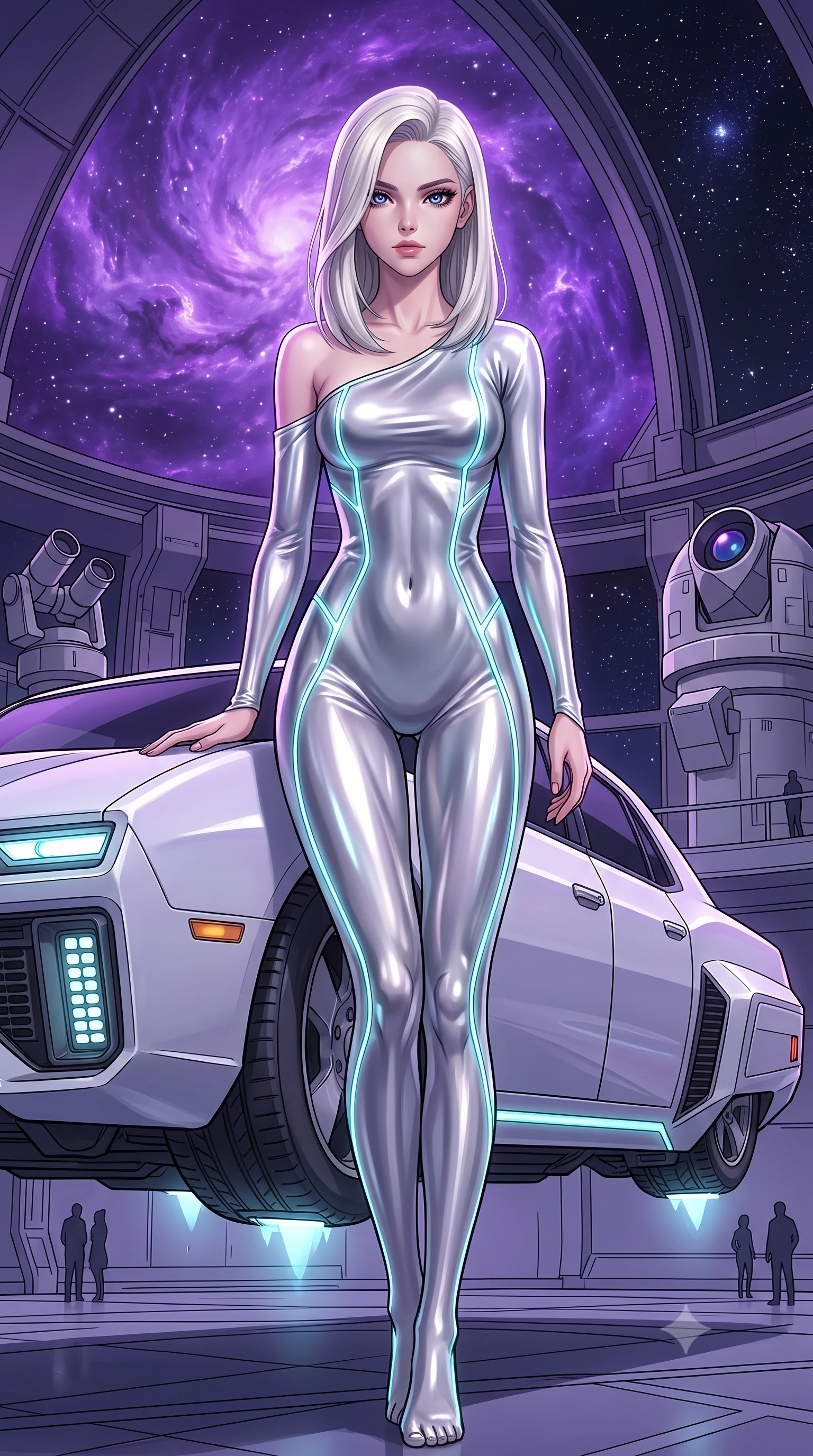 score_9, masterpiece, best quality, ultra-detailed, High-budget Anime Keyframe, Caucasian woman, strictly human ears. Low angle cowboy shot filling the entire 9:16 frame with her statuesque presence. Scenario 293: leaning against a sleek white hover-limousine by a high-altitude observatory dome under a swirling violet nebula. Her presence is magnetic and overpowering in this high-budget anime scene. Outfit 293: a form-contouring molten liquid silk second with a low-cut shoulder and glowing LED seams. The clothing is designed to emphasize her exceptionally tall and slender 8-heads proportion. 8-heads proportion, towering silhouette, ultra-slim waist. sharp v-shaped jawline, intricate jewel-like eyes with depth, thick eyelashes, glossy lips. 2k, ultra detail, master piece, 9:16 ratio