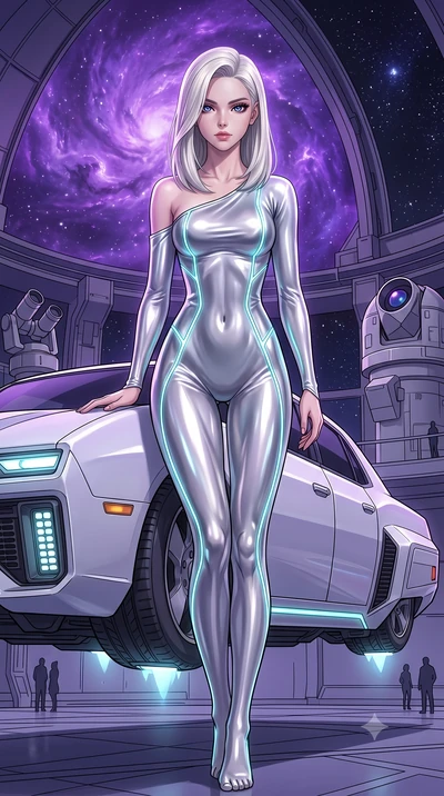 score_9, masterpiece, best quality, ultra-detailed, High-budget Anime Keyframe, Caucasian woman, strictly human ears. Low angle cowboy shot filling the entire 9:16 frame with her statuesque presence. Scenario 293: leaning against a sleek white hover-