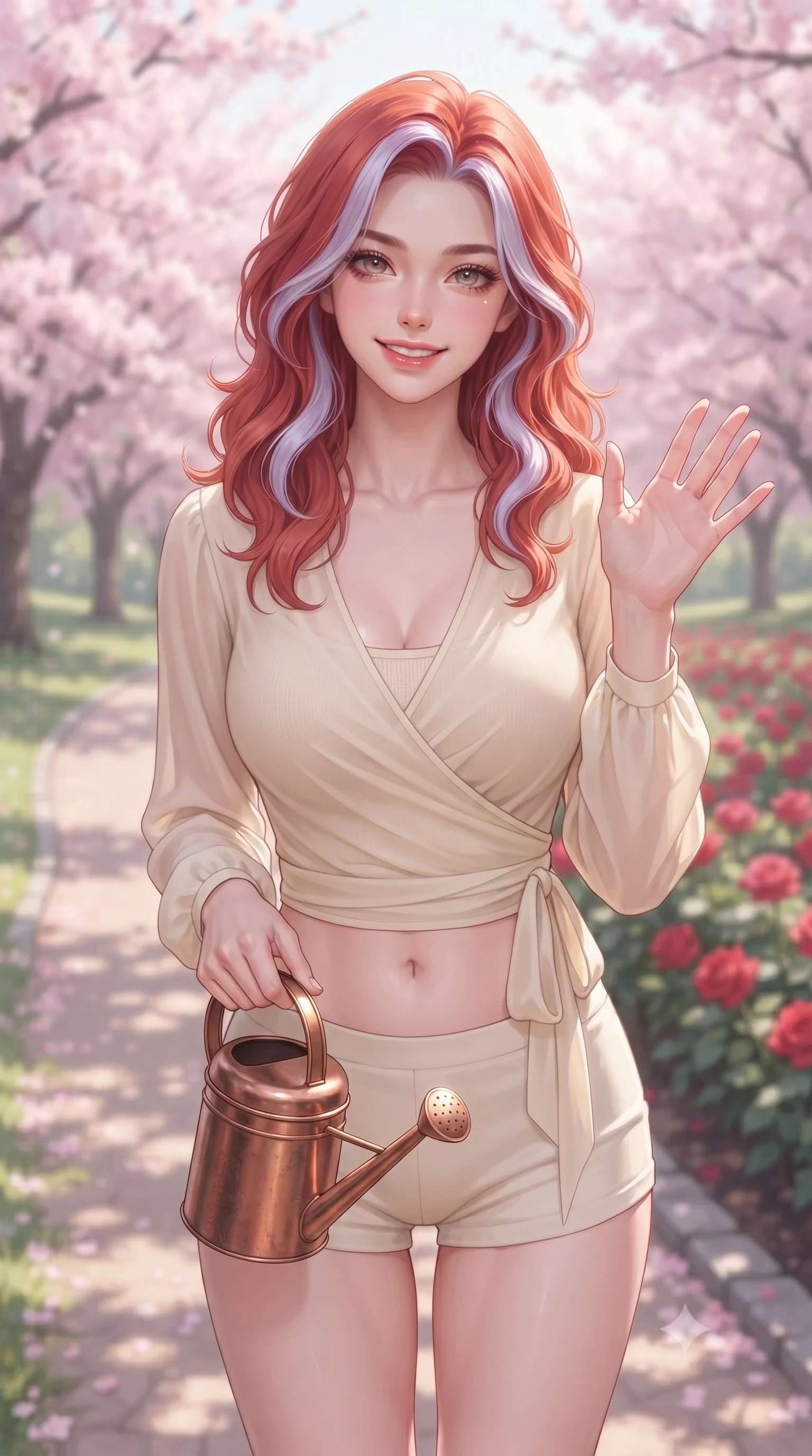 score_9, masterpiece, best quality, ultra-detailed, high-budget anime keyframe, editorial fashion photography, tasteful artistic composition, Caucasian woman. close-up cowboy shot from the waist and thighs up, the character dominates the composition, filling the frame with her large presence, background elements kept in soft focus. flashing a sweet, beaming smile while waving one hand gently toward the camera set against a soft-focus background of walking down a park path lined with blooming pink cherry blossom trees holding a small watering can next to a bed of red roses. She has an exceptionally elegant, slender, and willowy female figure with an ultra-slim waist, a gracefully sculpted slender torso, and a refined silhouette. sharp v-shaped jawline, high-bridge nose, intricate jewel-like eyes with depth, thick eyelashes, glossy lips with a natural sheen. wearing form-contouring sheer chiffon wrap top in cream, worn over a slim-fit knit bralette and low-cut shorts. soft diffused daylight creating a dreamy, pastel-colored country glow. ultra-reflective glossy finish, specular highlights, metallic sheen, high-contrast stereoscopic depth, volumetric dynamic lighting, 2k, ultra detail, master piece, 9:16 ratio